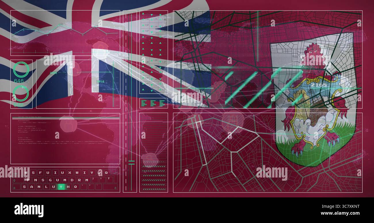 Visualizzazione combinata della bandiera delle Bermuda, HUD sull'interfaccia cibernetica, con Union Jack e stemma delle Bermuda Foto Stock