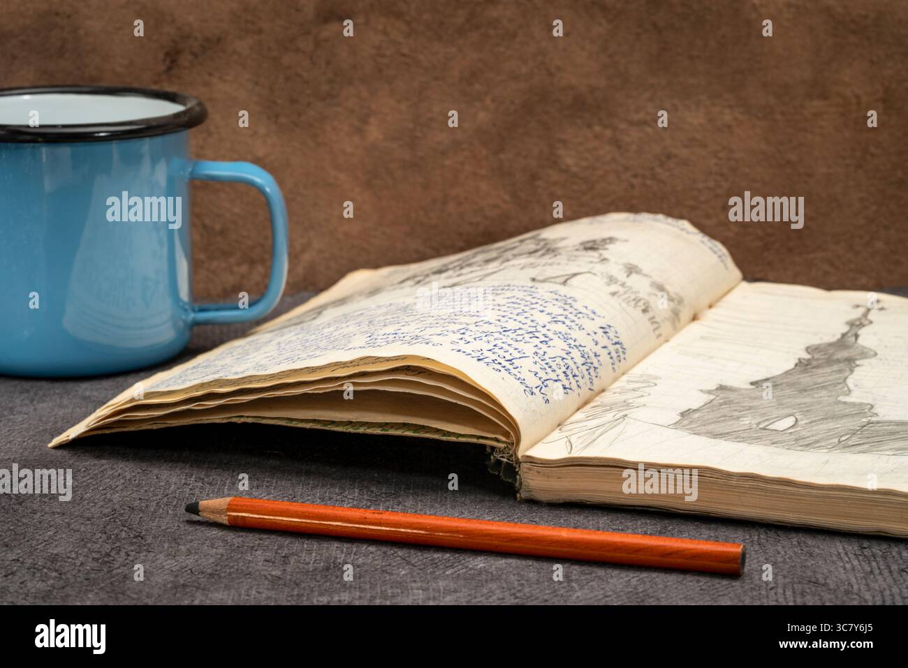 Vintage spedizione ufficiale con un metallo tazza di tè caldo - scrittura e disegno a matita da una gita in kayak in Polonia in estate di 1974. Foto Stock