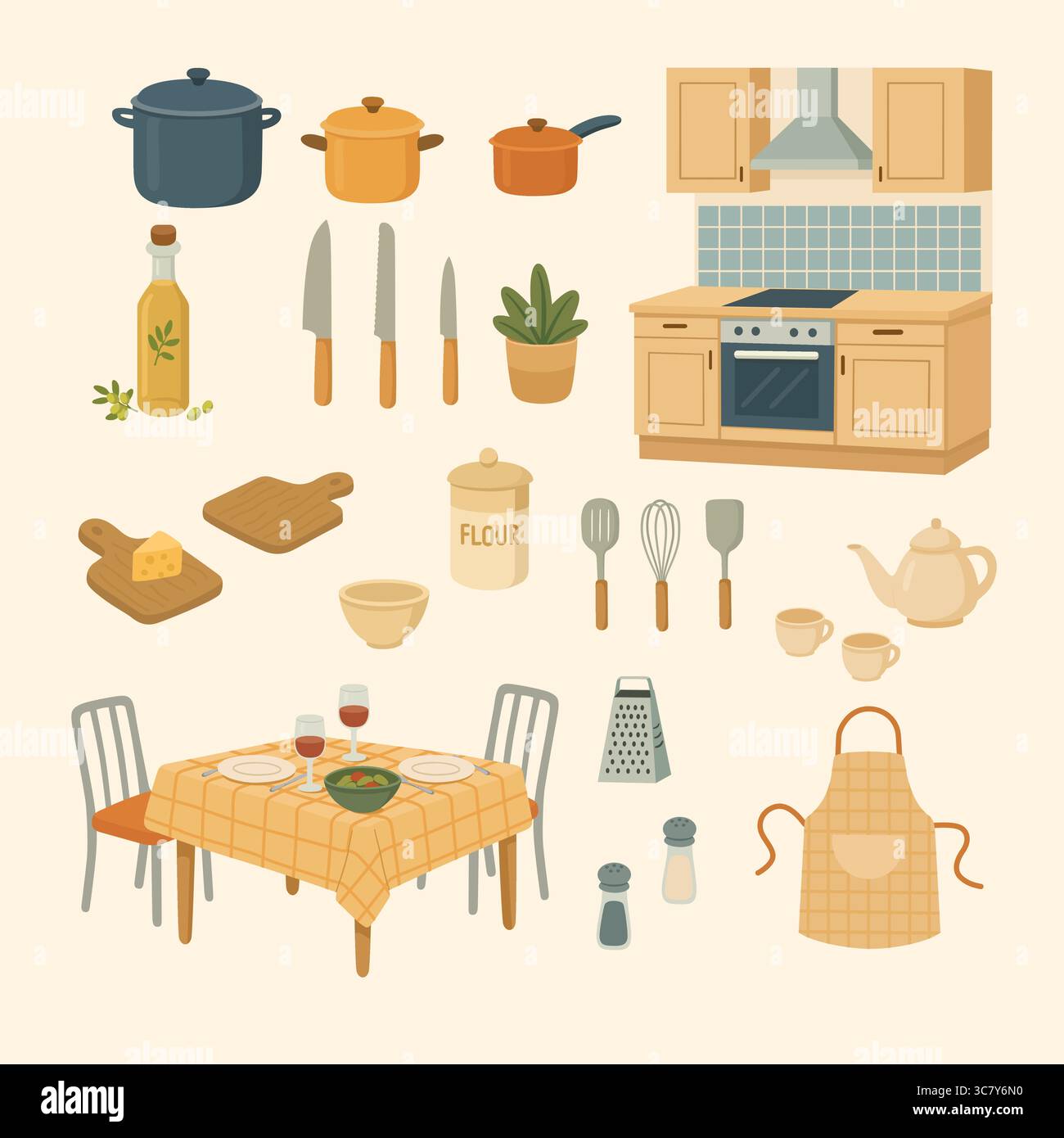 Utensili da cucina e mobili con design piatto Illustrazione Vettoriale