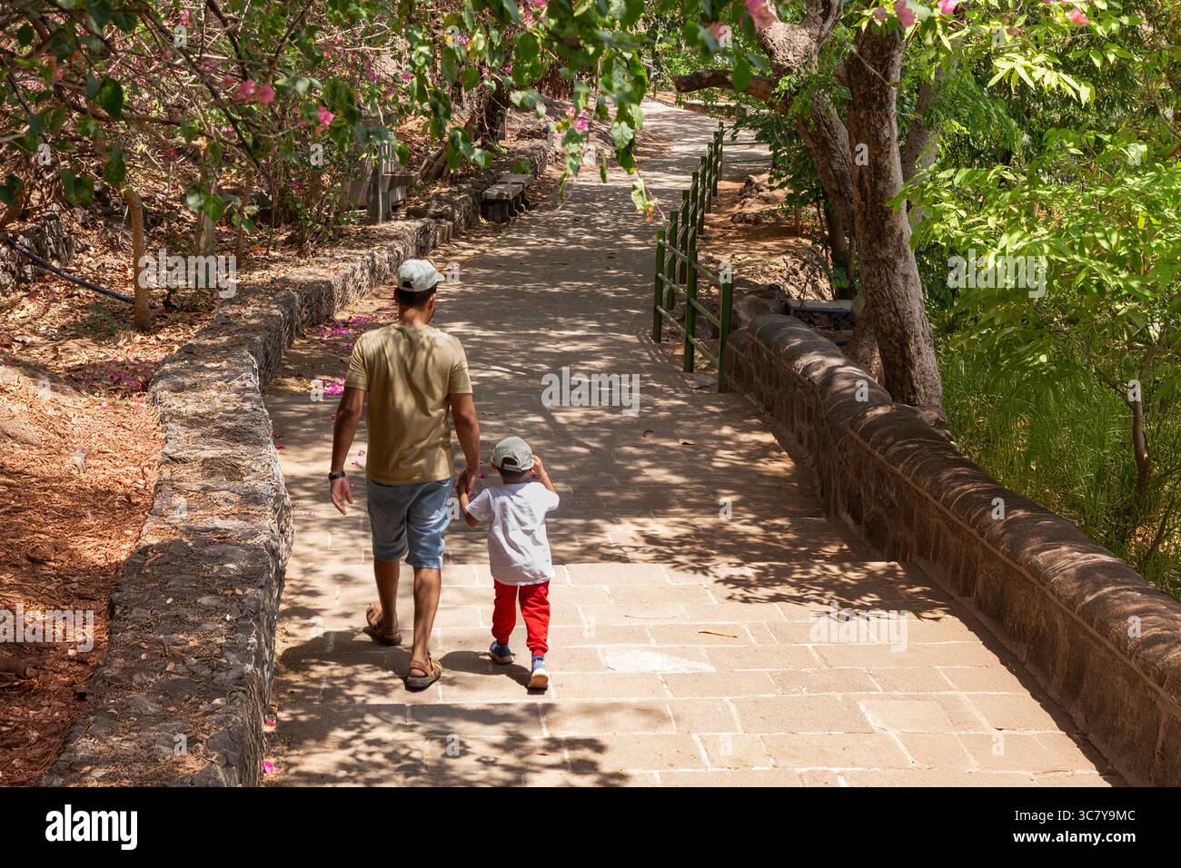 Un padre e un figlio camminano mano nella mano lungo un sentiero panoramico in pietra circondato da vegetazione lussureggiante e fiori rosa in fiore. Legame familiare e passeggiata nella natura. Foto Stock