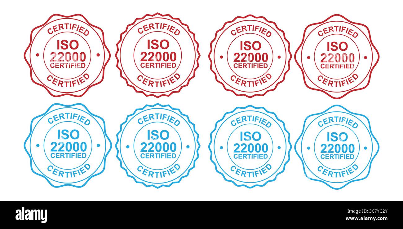 Sigilli di certificazione ISO 22000 per la conformità alla sicurezza alimentare Illustrazione Vettoriale