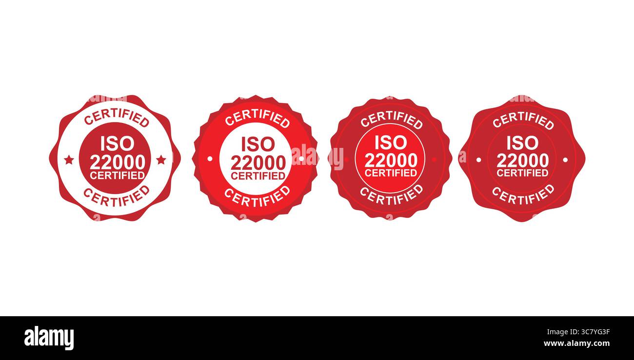 Sigilli di certificazione ISO 22000 per la conformità alla sicurezza alimentare Illustrazione Vettoriale