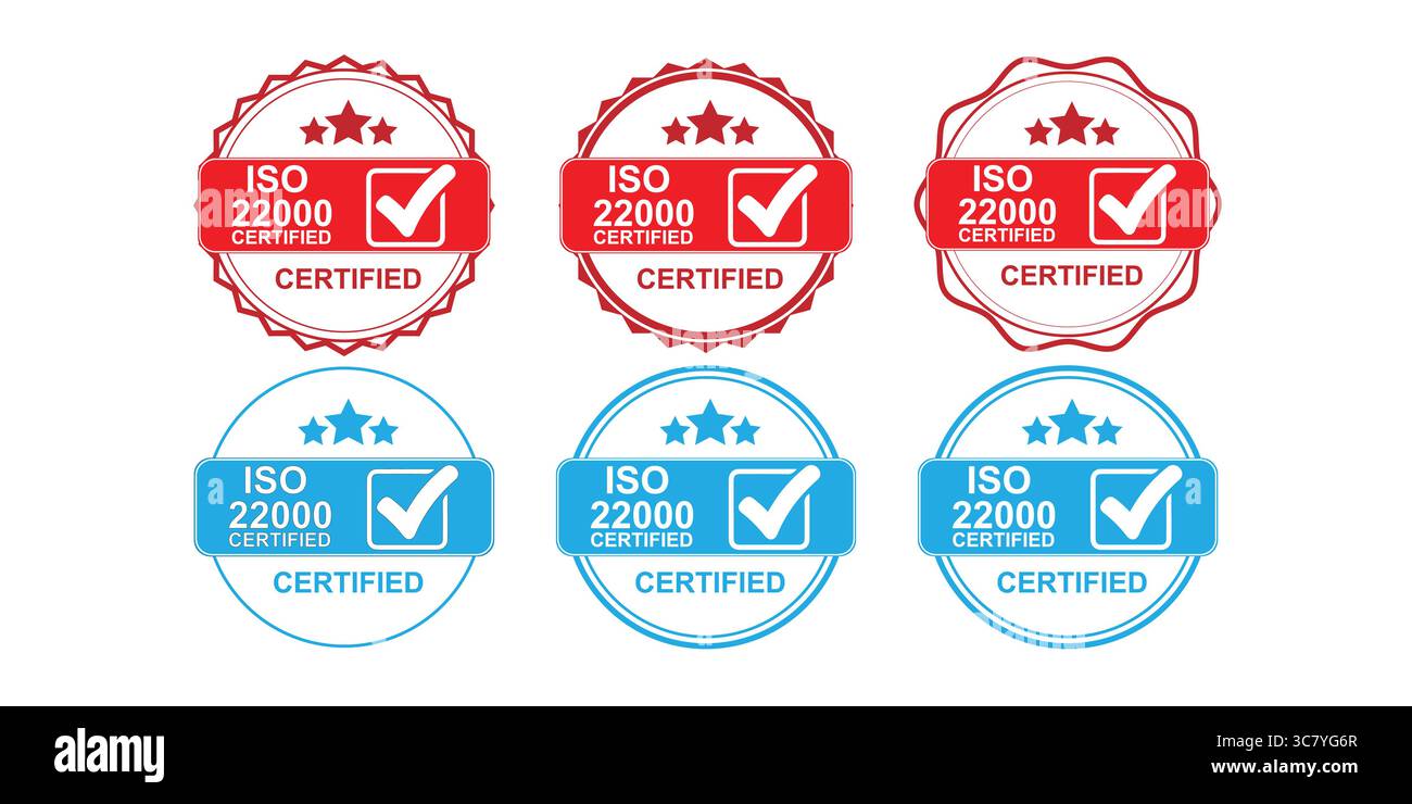 Simboli di certificazione ISO 22000 per gli standard di sicurezza alimentare verificati Illustrazione Vettoriale