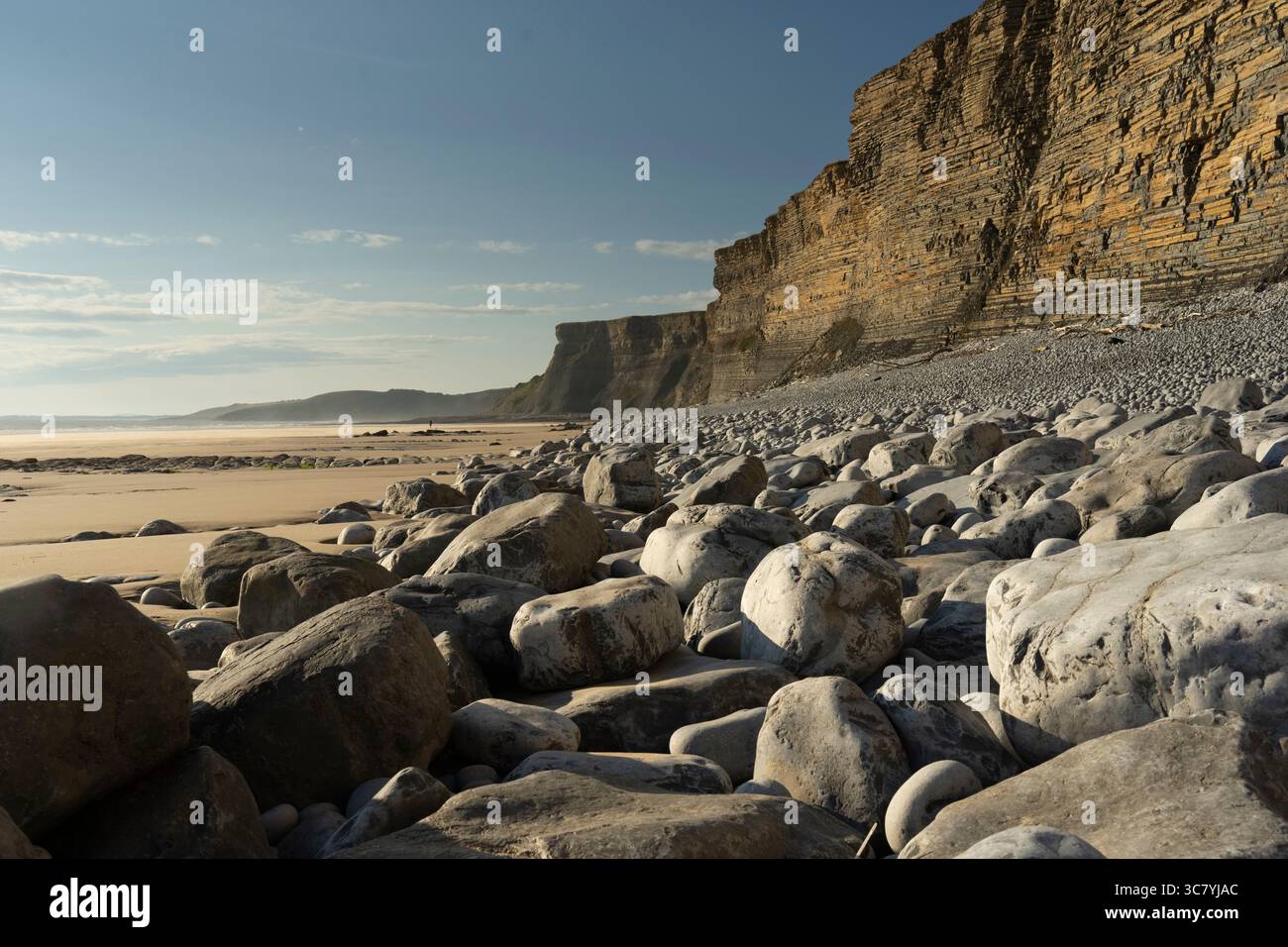 L'erosione costiera forma le scogliere spettacolari e la spiaggia disseminata di massi a Monknash, vale of Glamorgan, Galles. Foto Stock