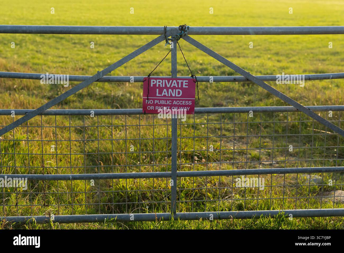 Un cartello "Private Land" è appeso su un cancello ai margini di un campo nell'Inghilterra rurale per scoraggiare i violentatori. Foto Stock