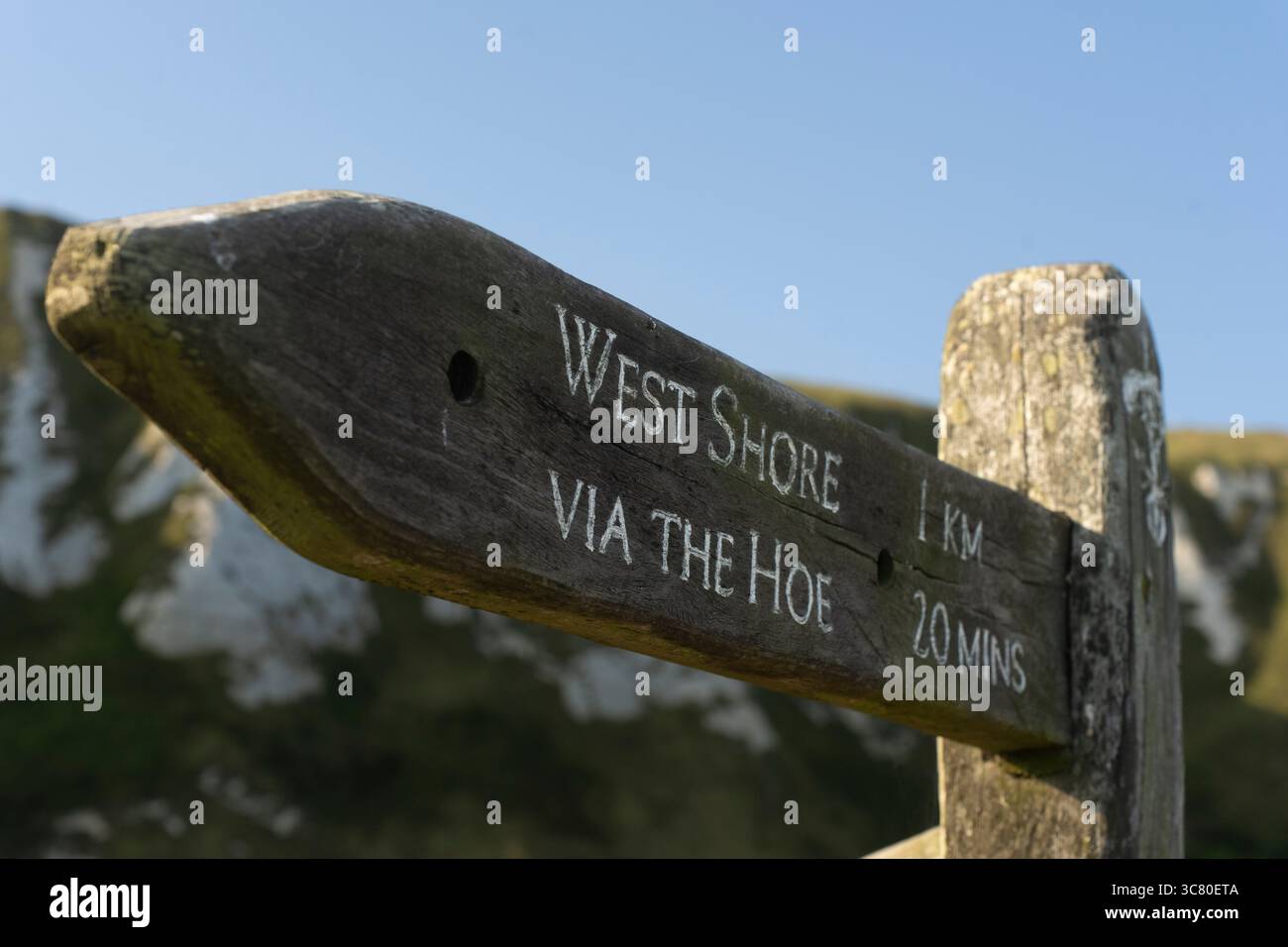 Un cartello sul Samphire Hoe, Regno Unito, indica gli escursionisti verso West Shore tramite l'Hoe, a 1 km di distanza. Foto Stock