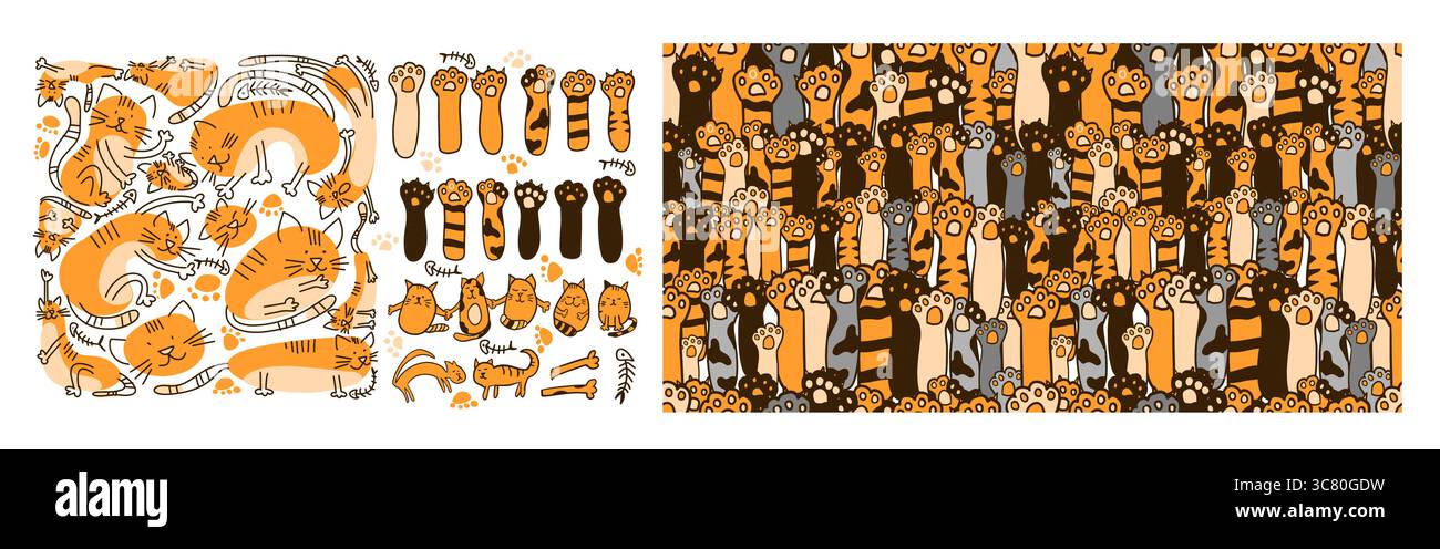 Set di elementi cute Cat Paw. Sfondo Cat zampa senza cuciture. Set di carini gatti. disegno a mano. Non ai, illustrazione vettoriale Illustrazione Vettoriale