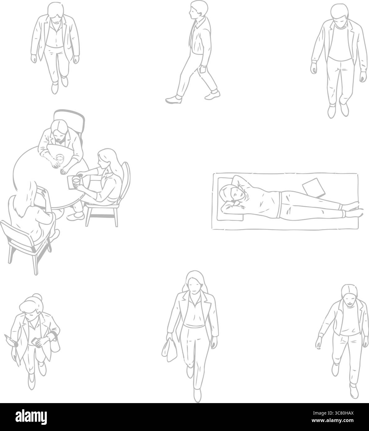 Set vettoriale profilo persone, camminata, seduta, sdraiata, gruppo, Clipart, figura umana, attività, urbano, moderno, Simple Line Art, Collection, Illustrazione Vettoriale