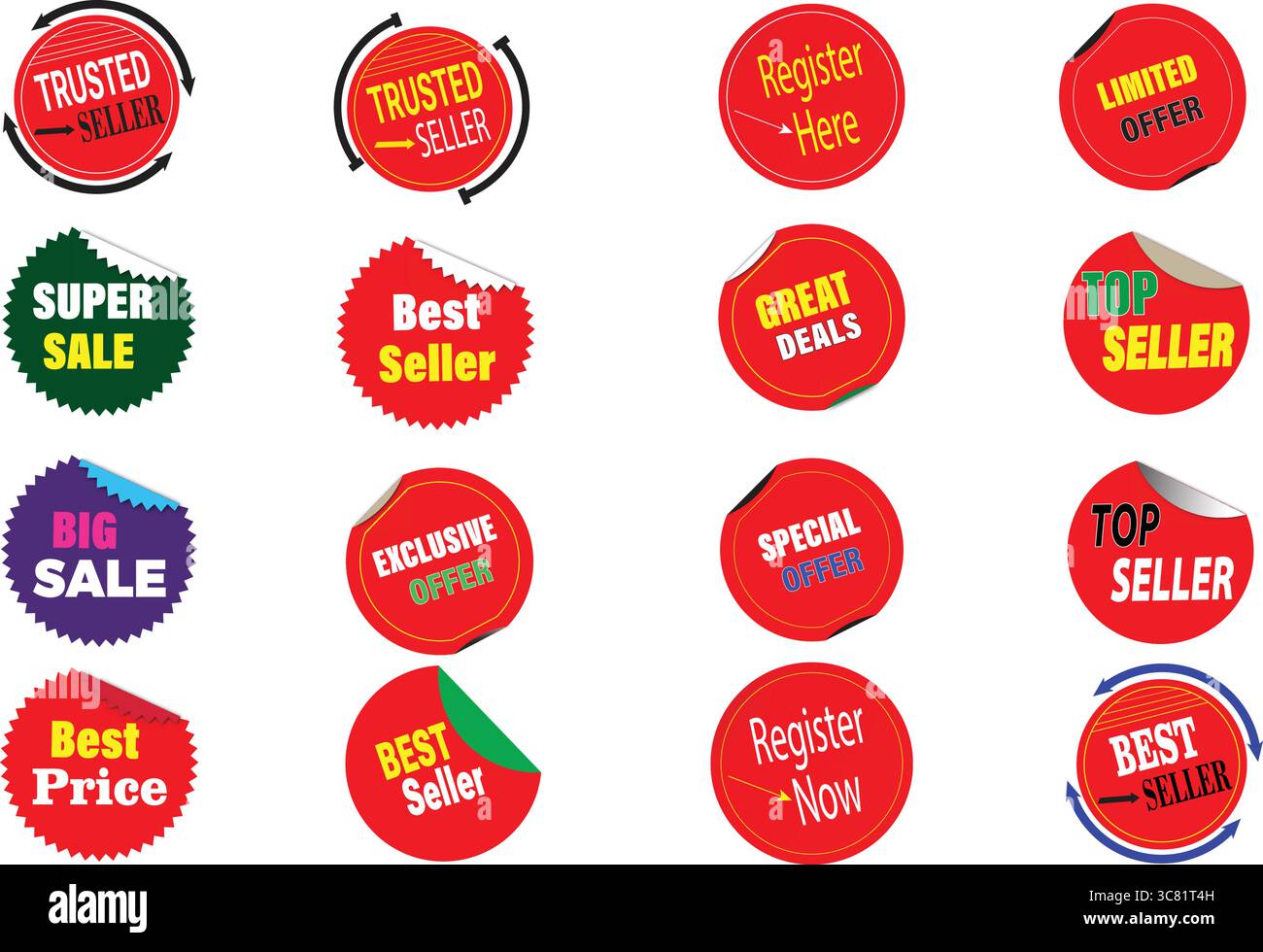 Set vettoriale del pacchetto di adesivi con il logo più venduto, il più venduto, registrati ora, icone dell'offerta speciale Illustrazione Vettoriale