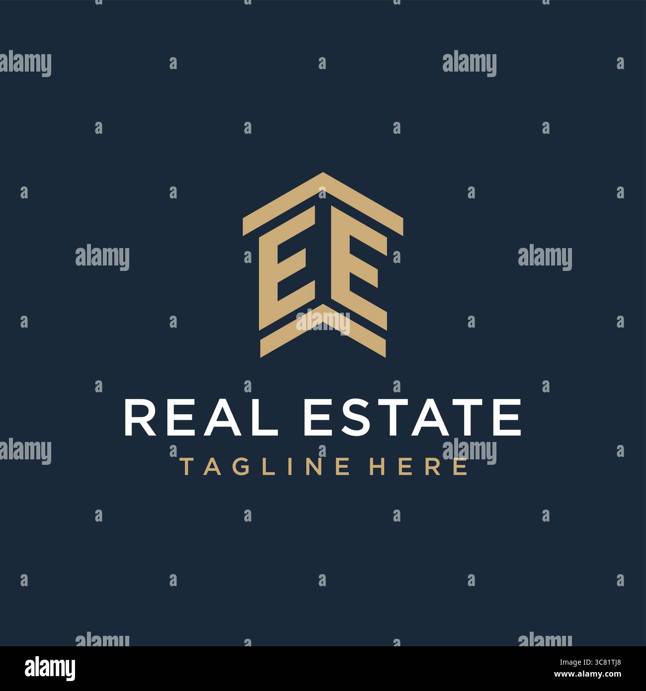 Logo EE iniziale per il settore immobiliare con logo semplice e creativo dell'icona del tetto, idee di design grafica vettoriale Illustrazione Vettoriale