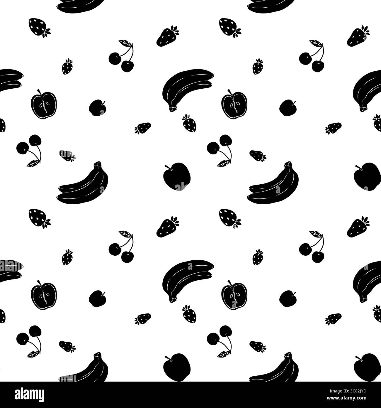 Il motivo di frutta nera su sfondo bianco crea un design vivace e divertente Illustrazione Vettoriale