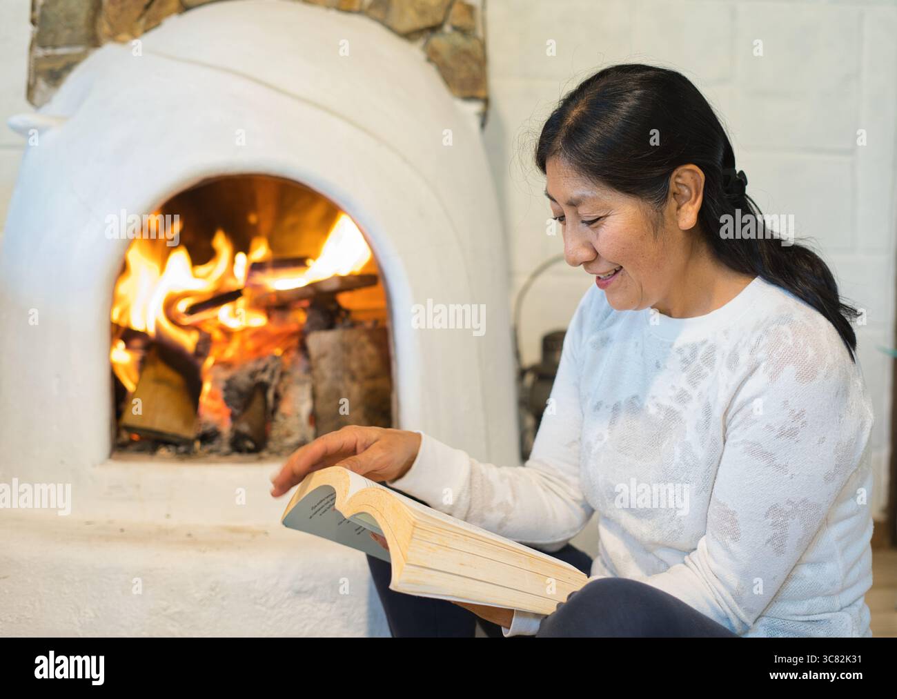 Una donna matura sorridente ama leggere un libro seduto comodamente accanto a un caminetto caldo e scoppiettante, creando un'atmosfera accogliente e rilassante Foto Stock