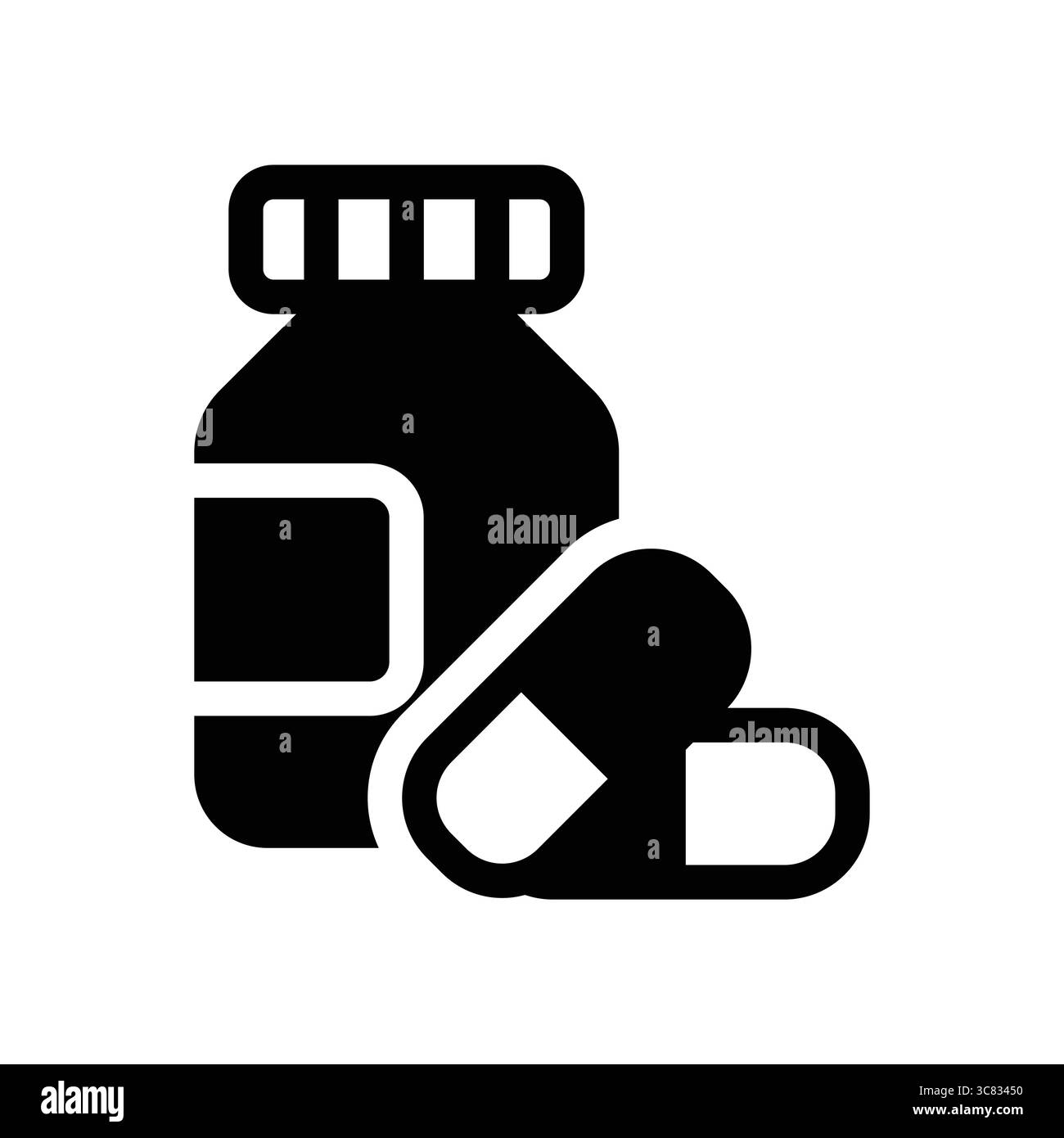 Un'illustrazione in bianco e nero con una bottiglia di medicina accanto a capsule, ideale per la salute, la farmacia e temi di benessere. Perfetto per ed u Illustrazione Vettoriale
