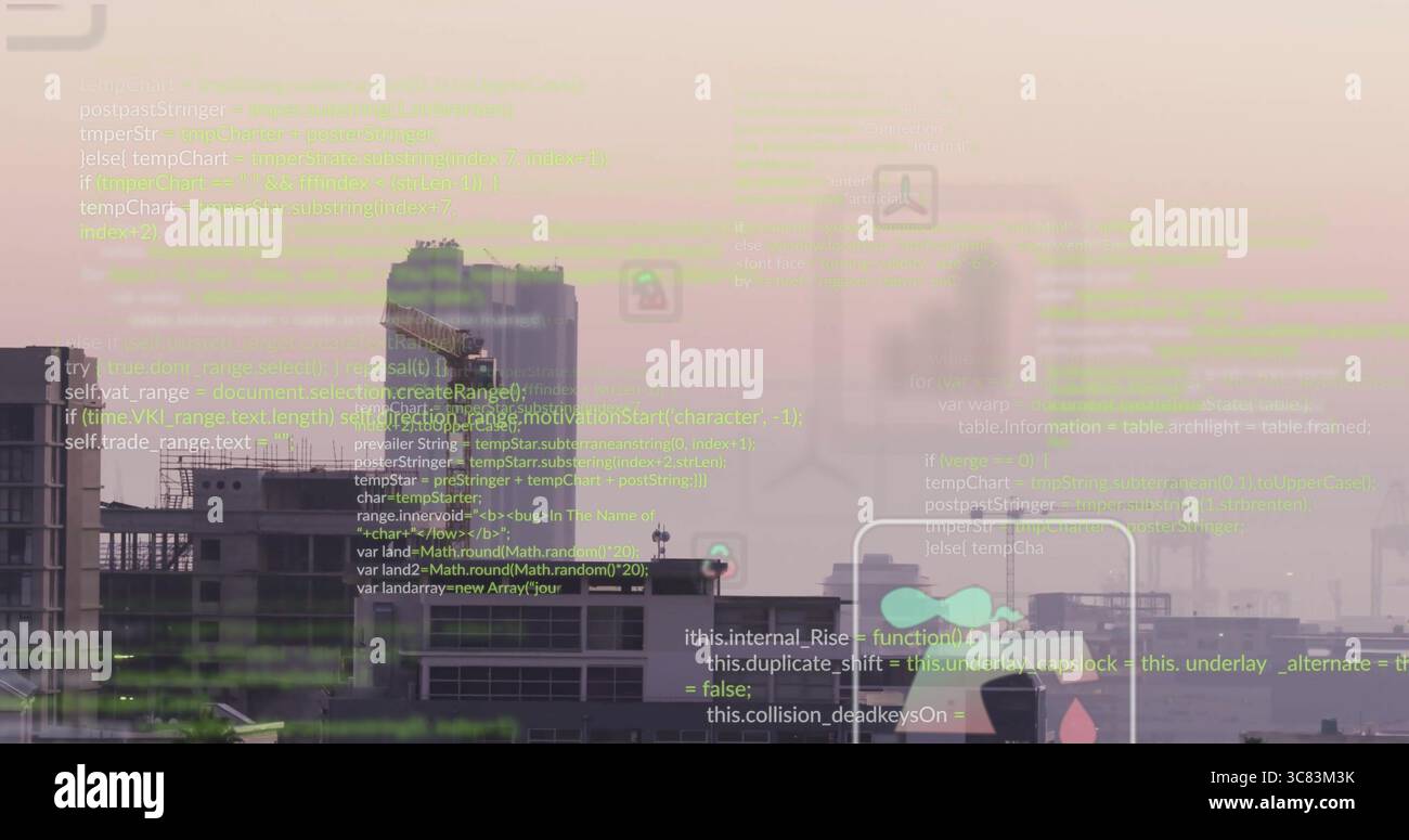 Con impalcature e grattacieli completati sul tetto con sovrapposizione di codici e icone di file Foto Stock