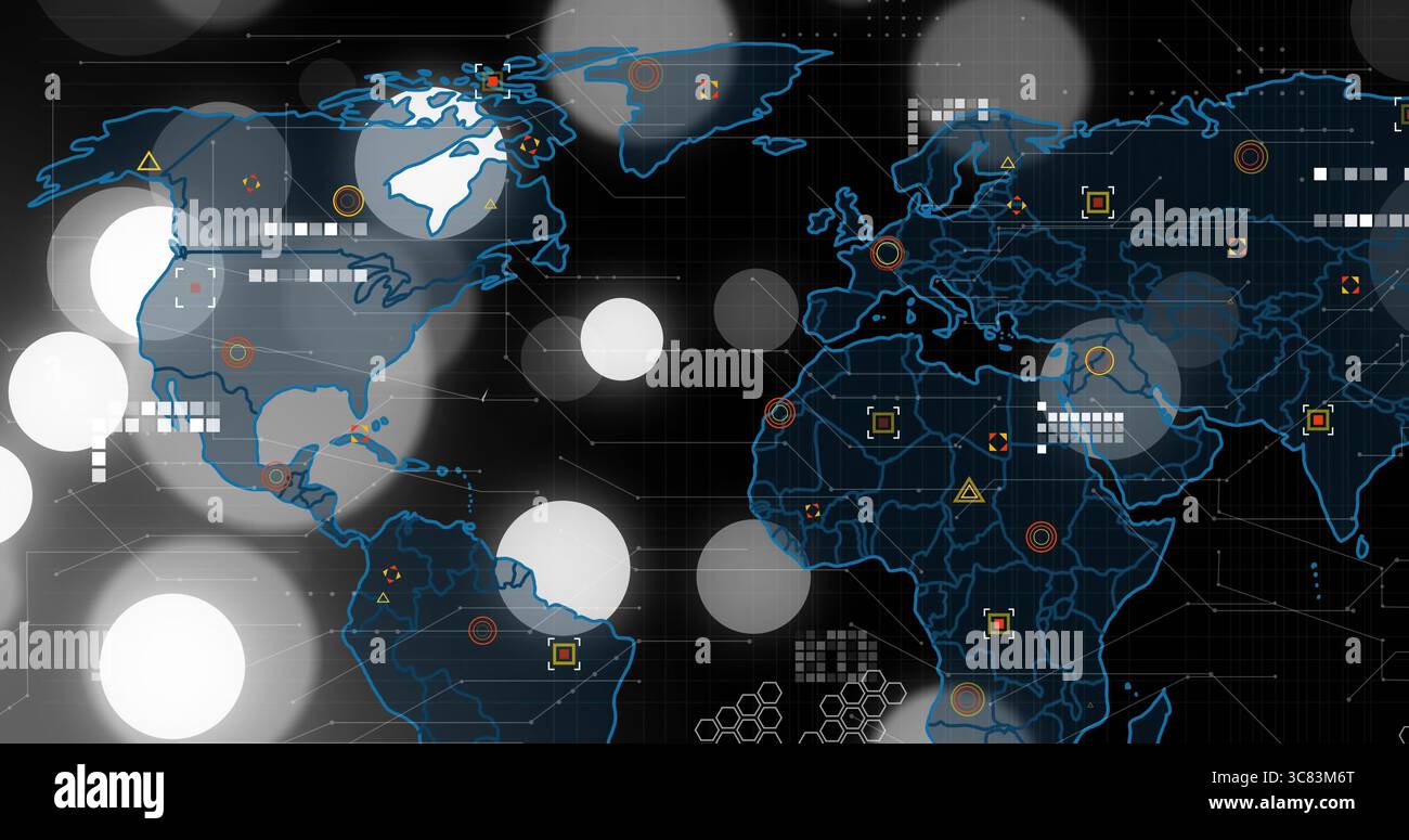 Visualizzazione del contorno della mappa del mondo stilizzato sull'interfaccia digitale, con cerchi a strati e marcatori di dati Foto Stock