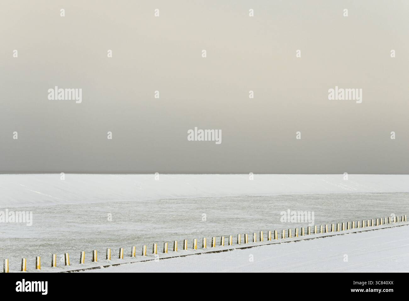 Giorno d'inverno, inizio dell'inverno, diga coperta di neve e pali di confine, Mare del Nord, Norddeich, bassa Sassonia, Germania Foto Stock