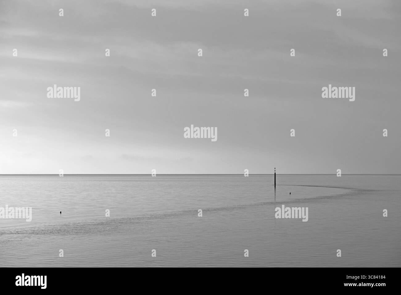 Wadden Sea at Rising water, Stone groyne with Sea mark, bianco e nero, Mare del Nord, Norddeich, bassa Sassonia, Germania Foto Stock