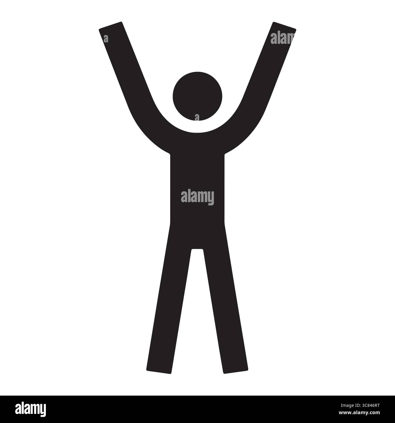 Icona con la figura a bastone nero che rappresenta il successo la felicità e la vittoria con le braccia sollevate verso l'alto per la celebrazione delle prestazioni umane e il successo personale Illustrazione Vettoriale