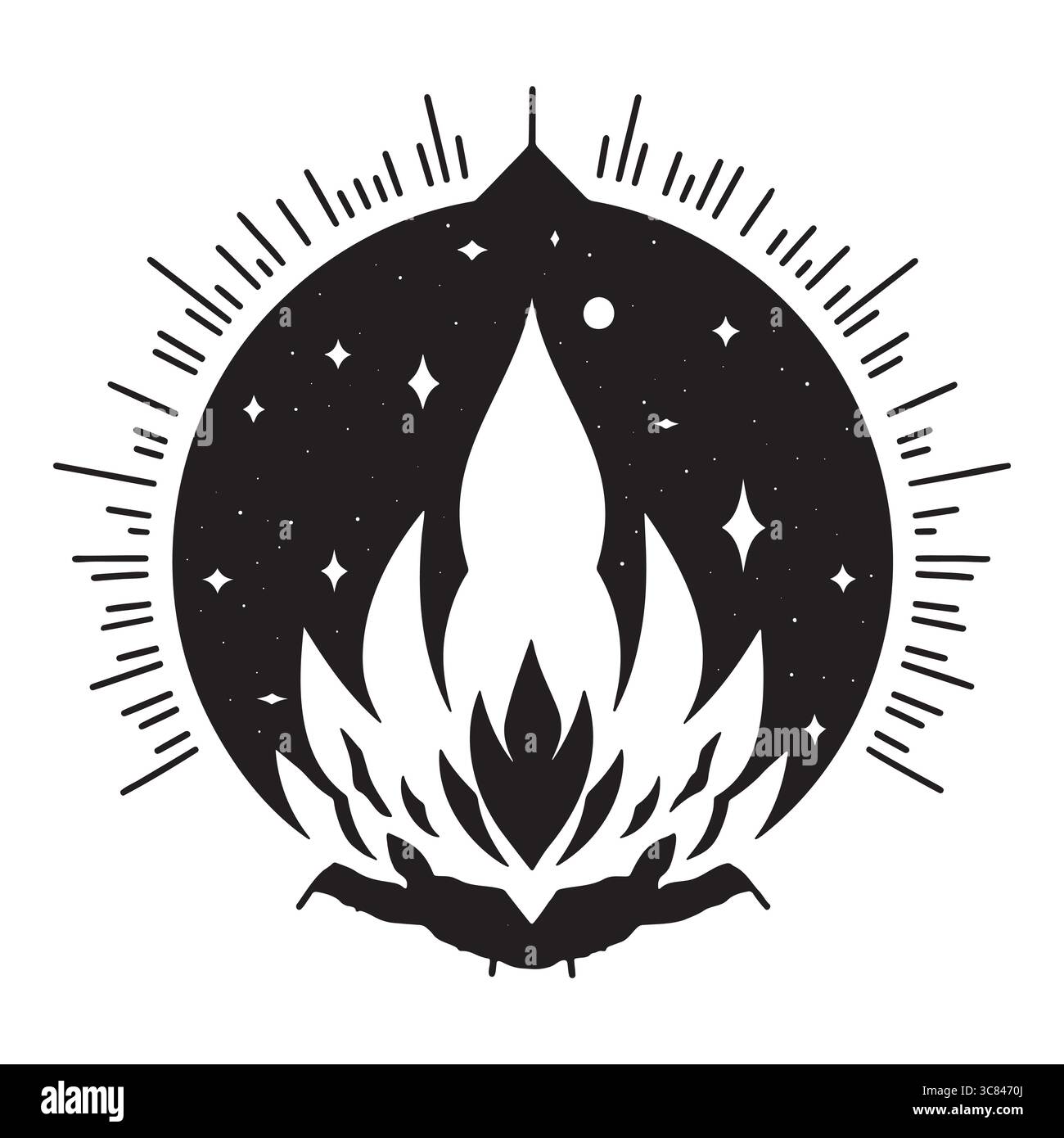 Ethereal Celestial Flame of the Cosmos Una sagoma mistica di fuoco Sacro e stelle all'interno di un alone Sunburst che simboleggia la crescita spirituale e Universa Illustrazione Vettoriale