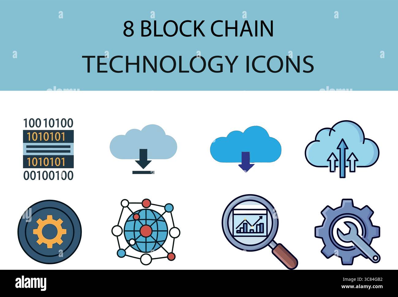 Icone della moderna tecnologia blockchain per l'innovazione digitale e l'analisi dei dati Illustrazione Vettoriale