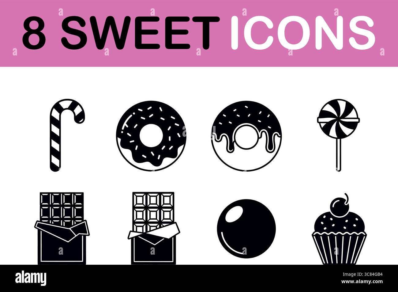 Deliziosa collezione di otto icone di dolciumi con ciambelle, caramelle, cioccolato e cupcake per un design gioioso. Illustrazione Vettoriale