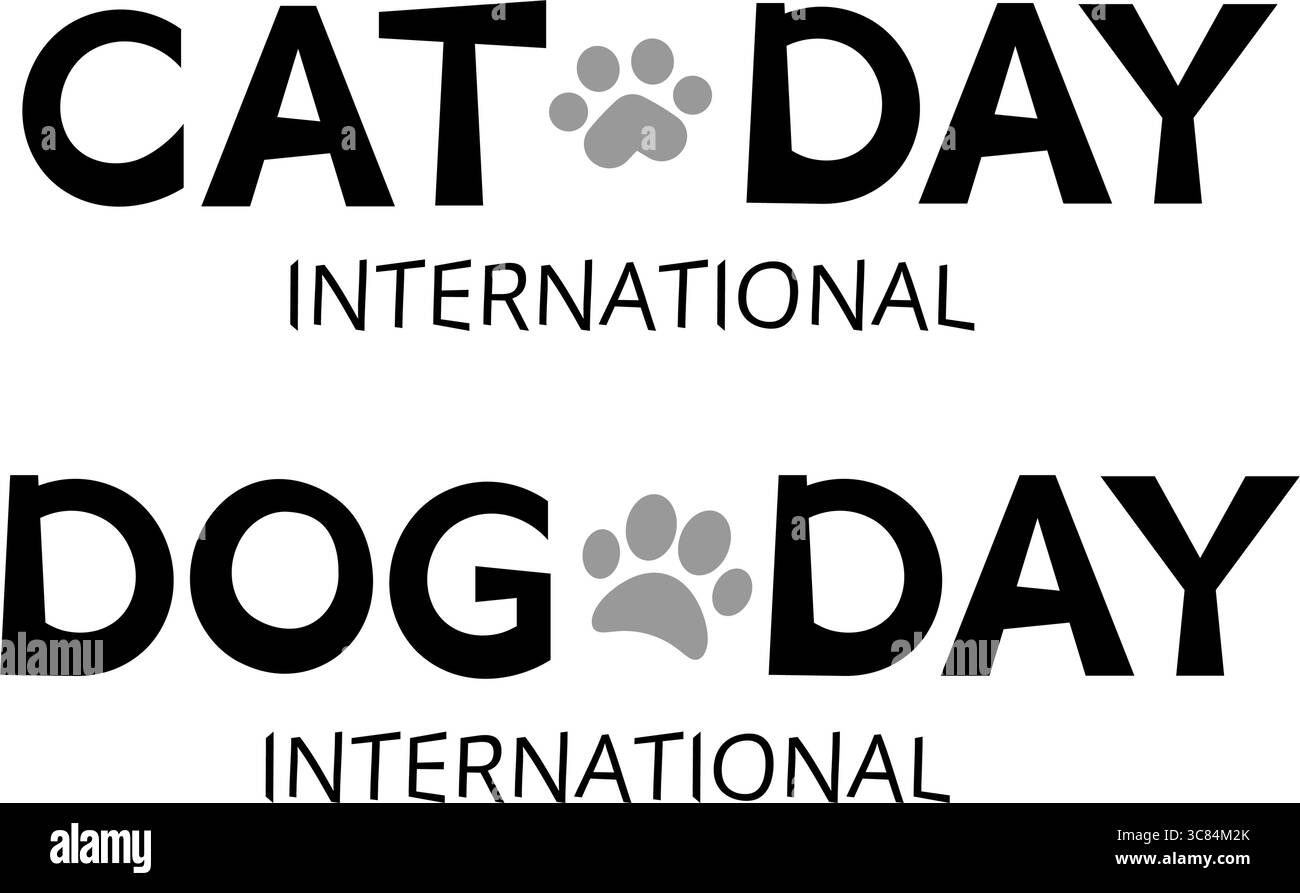 Giornata internazionale dei gatti. Giornata internazionale dei cani. Celebrazione del World Cat Day. Lettere, testo. Illustrazione Vettoriale
