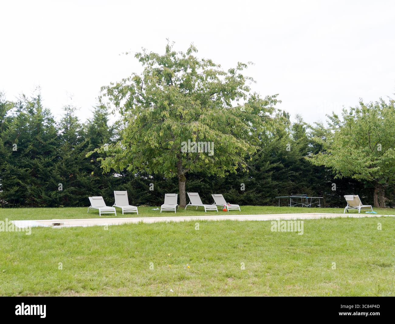 Sedie a sdraio vuote disposte accanto a una piscina coperta in un giardino verde alberato, catturate durante una tranquilla giornata estiva in una posizione di campagna. Foto Stock