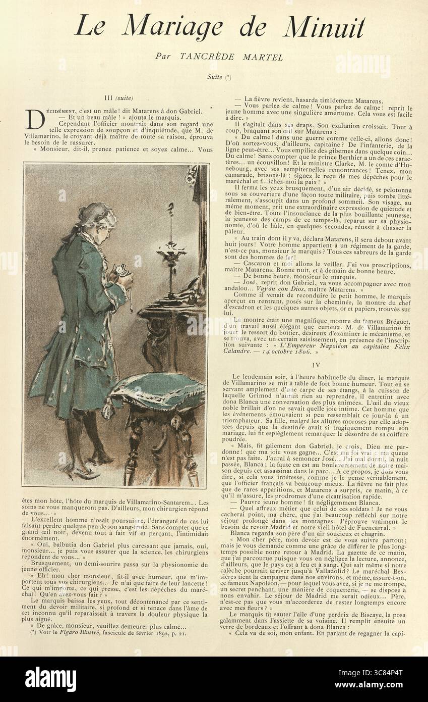 Uomo in costume del XVIII secolo che guarda un orologio da tasca, illustrazione vintage, francese, la Mariage de Minuit, par Tancrede Martel Foto Stock