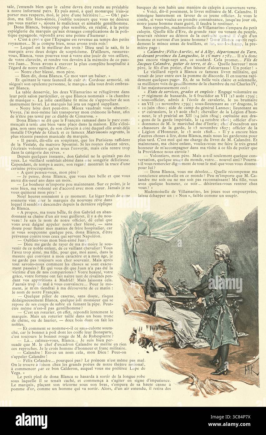 Uomo in costume del XVIII secolo che legge poesie ad una donna, illustrazione d'epoca, francese, la Mariage de Minuit, par Tancrede Martel Foto Stock