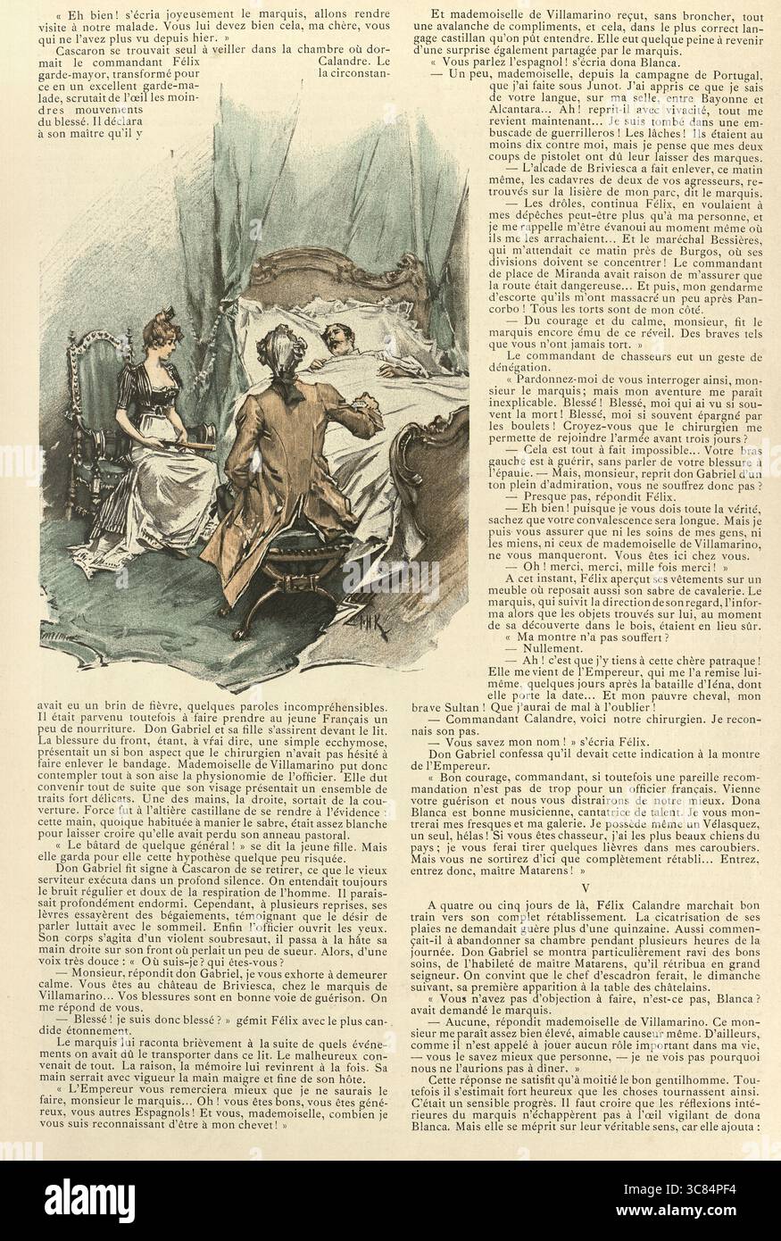 Giovane coppia in stile XVIII secolo in visita ad un uomo malato a letto, illustrazione Vintage, francese, la Mariage de Minuit, par Tancrede Martel Foto Stock