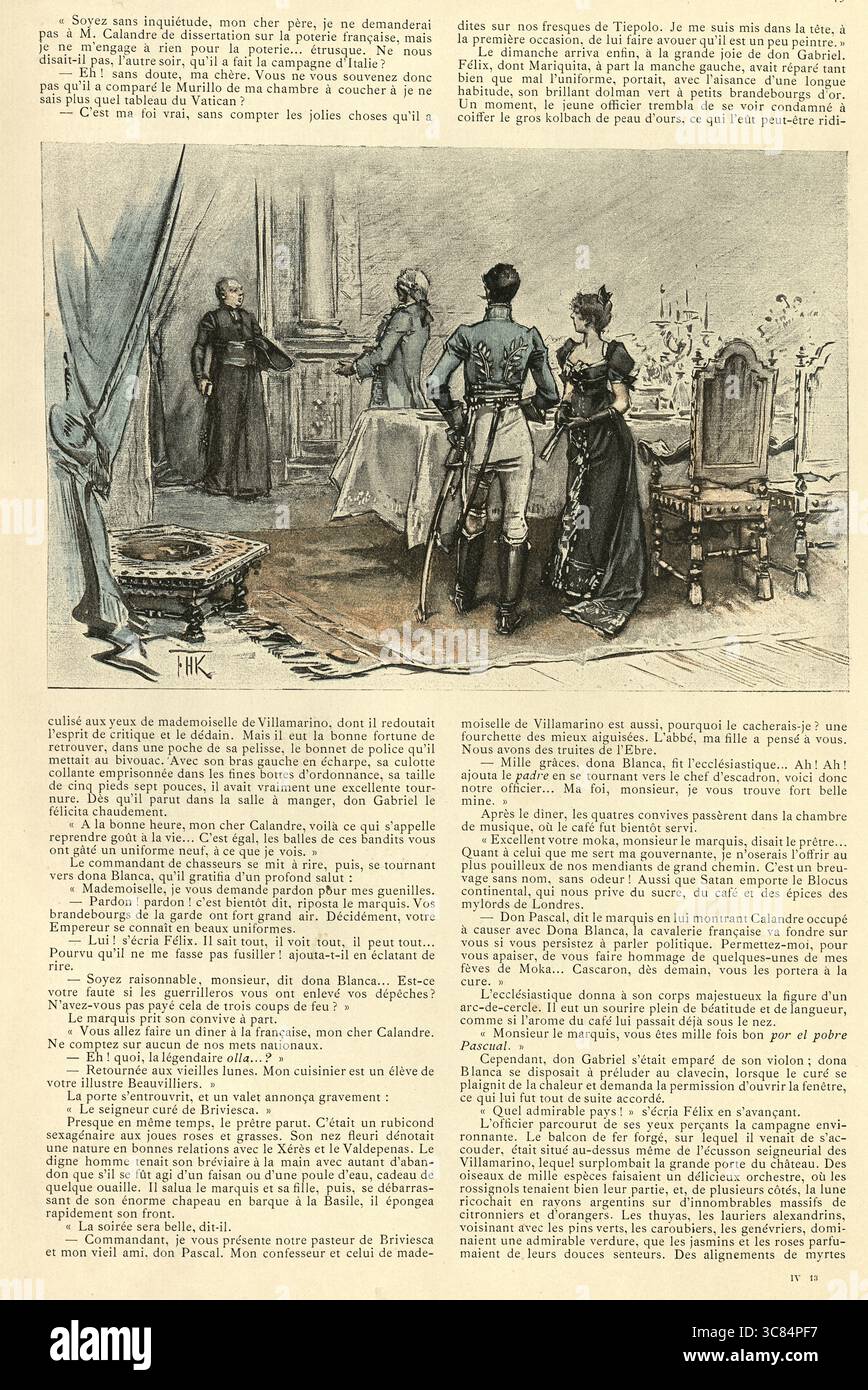 Donna in abito nero, con soldati e sacerdote, costume in stile XVIII secolo, illustrazione Vintage, francese, la Mariage de Minuit, par Tancrede Martel Foto Stock