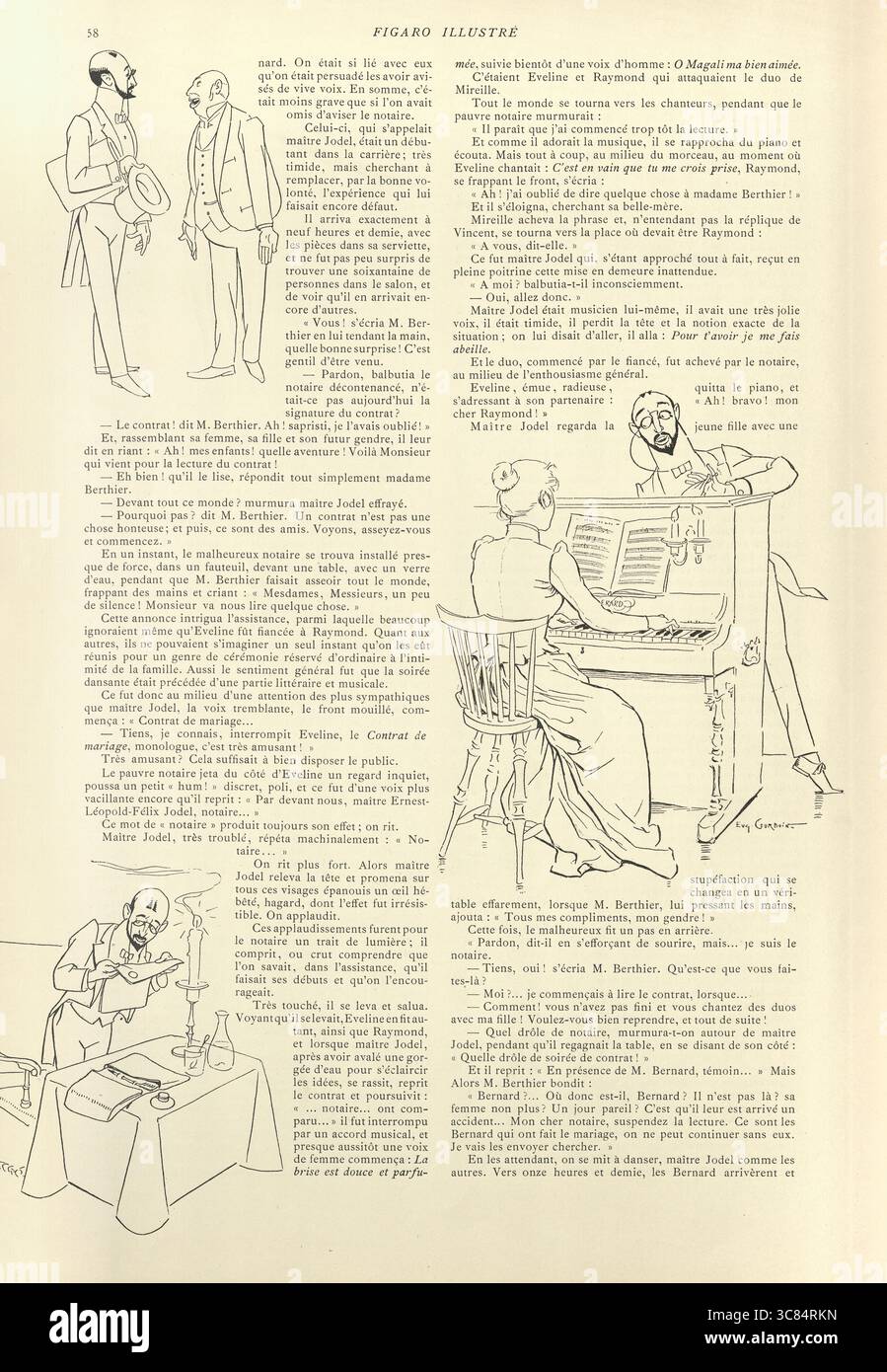 Caricatura, donna che suona il pianoforte, uomo readin Letter, vittoriano, illustrazione Vintage, fumetto francese Distraits! Par Paul Bilhaud, arte del XIX secolo Foto Stock