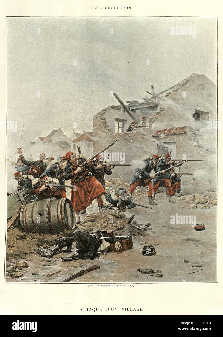 Storia militare, guerra franco-prussiana, fanteria francese, Zouaves e guardie che combattono in un villaggio, illustrazione d'epoca, francese, arte, XIX secolo, Paul Grolleron Foto Stock