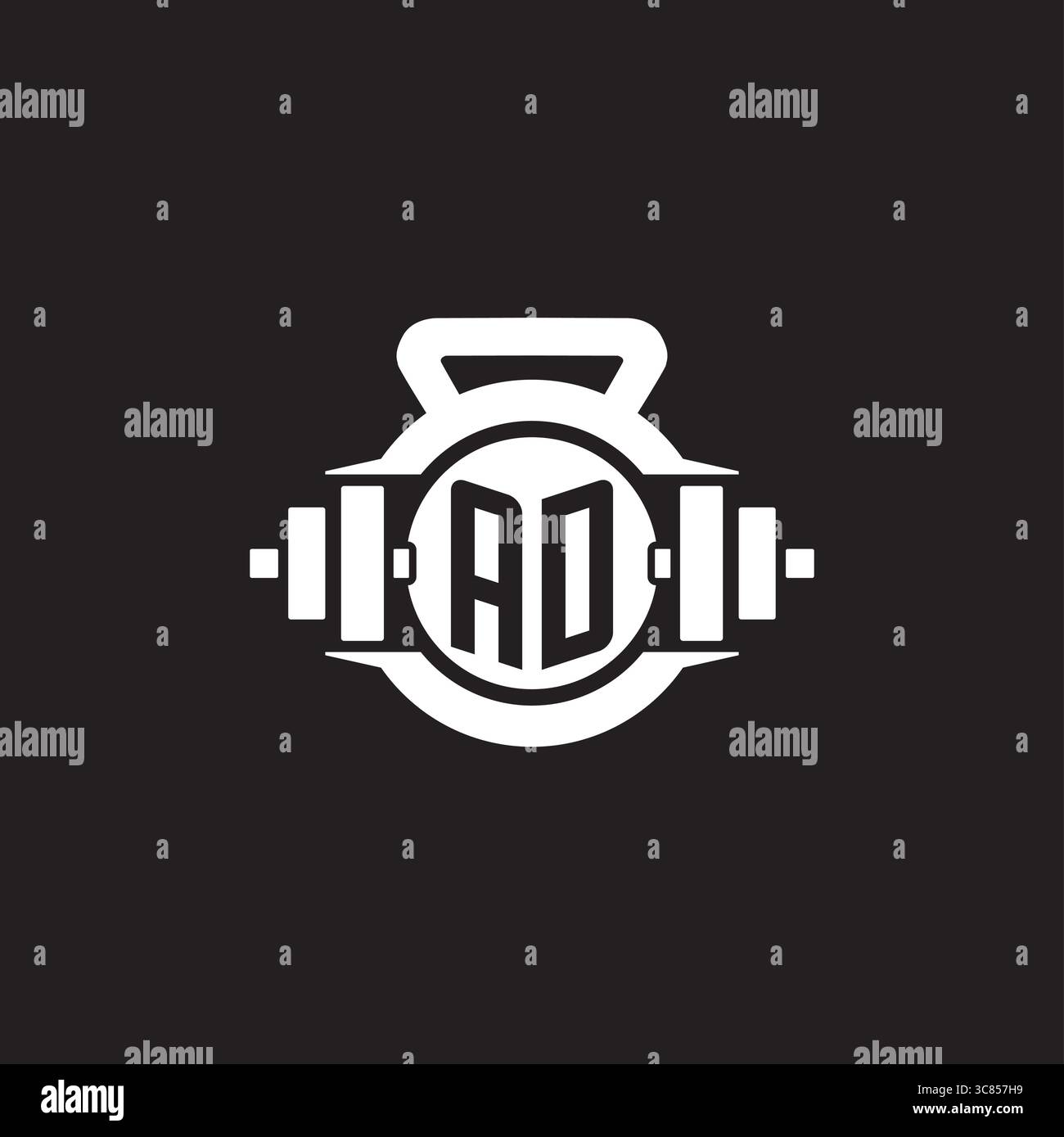 Idee iniziali per la progettazione del logo ad con semplice grafica vettoriale con icona a forma di manubrio e kettlebell Illustrazione Vettoriale