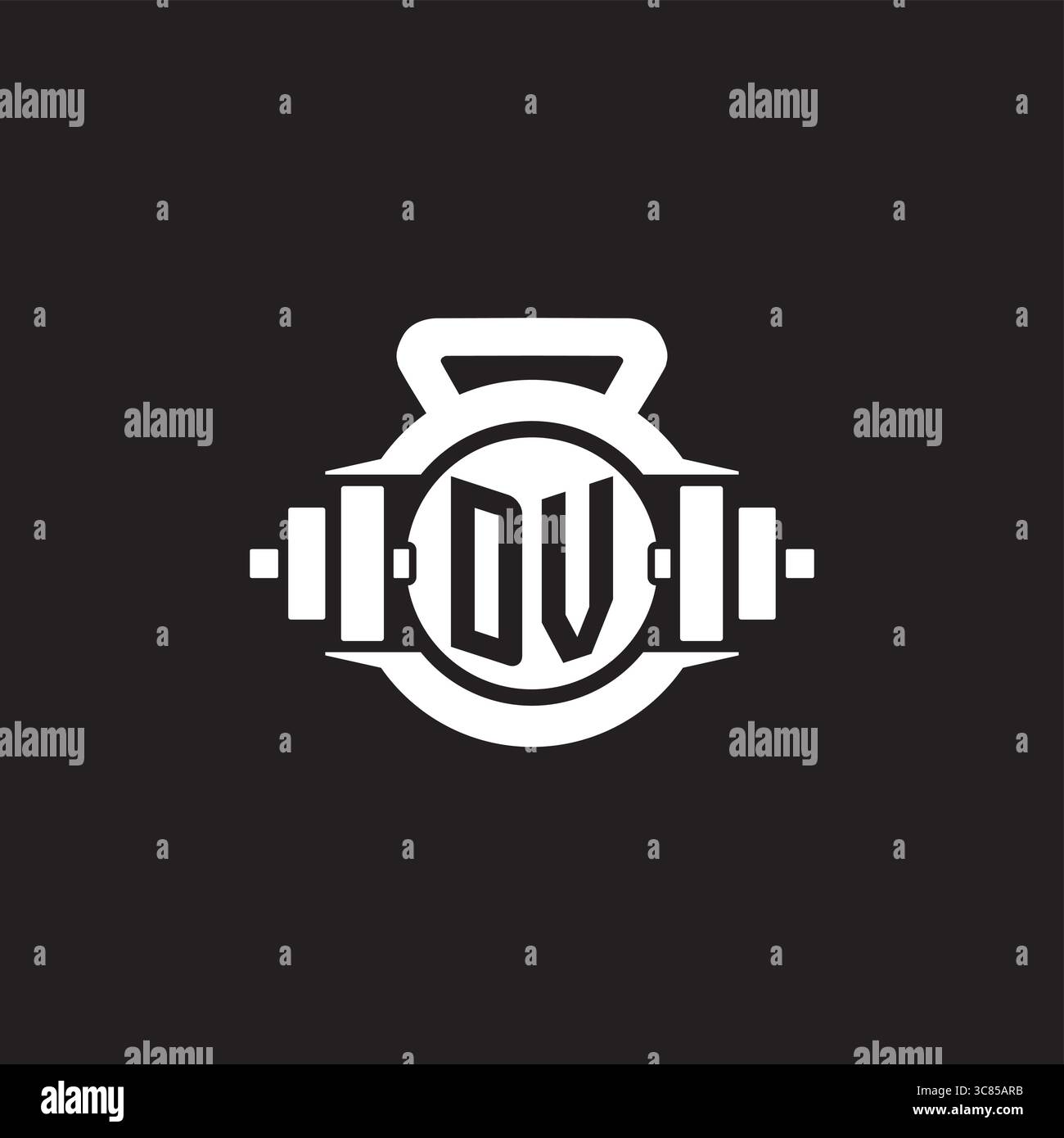 Idee iniziali per la progettazione del logo DV con semplice grafica vettoriale con icona a forma di manubrio e kettlebell Illustrazione Vettoriale