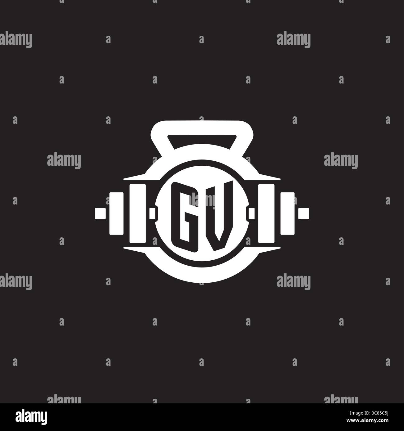 Idee iniziali per il design del logo GV con semplice grafica vettoriale con icona a forma di manubrio e kettlebell Illustrazione Vettoriale