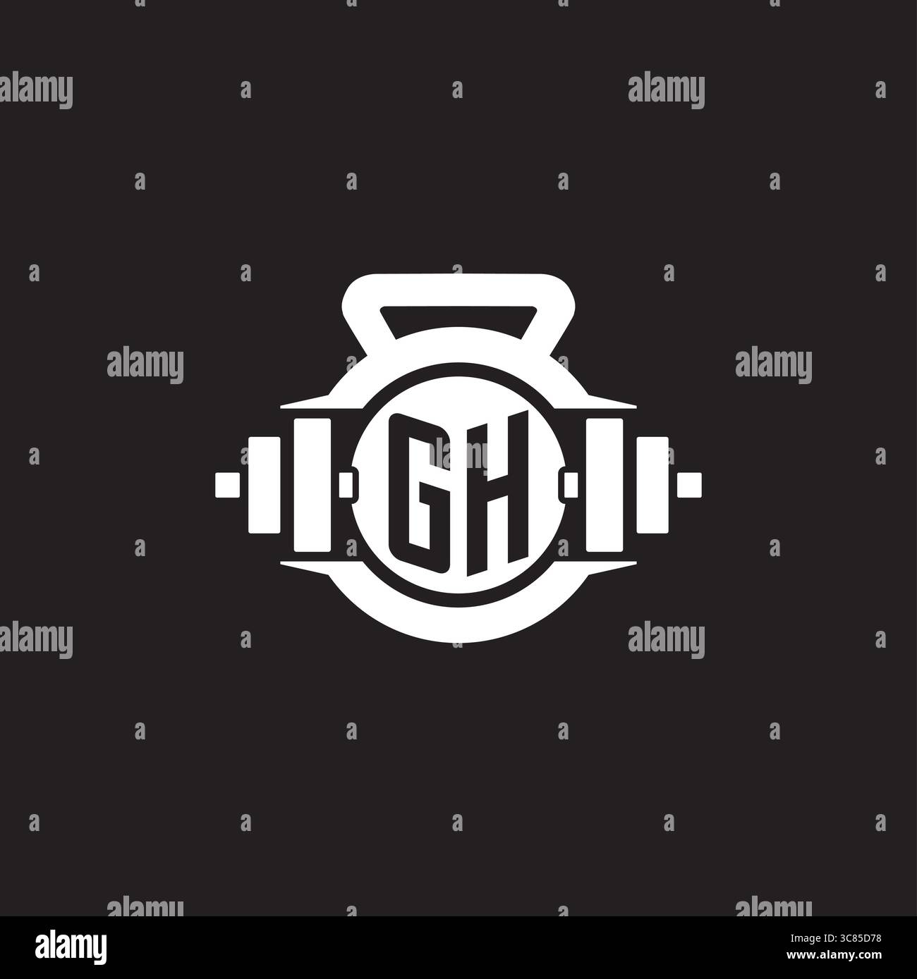 Idee iniziali per il design del logo GH con semplice grafica vettoriale con icona a forma di manubrio e kettlebell Illustrazione Vettoriale