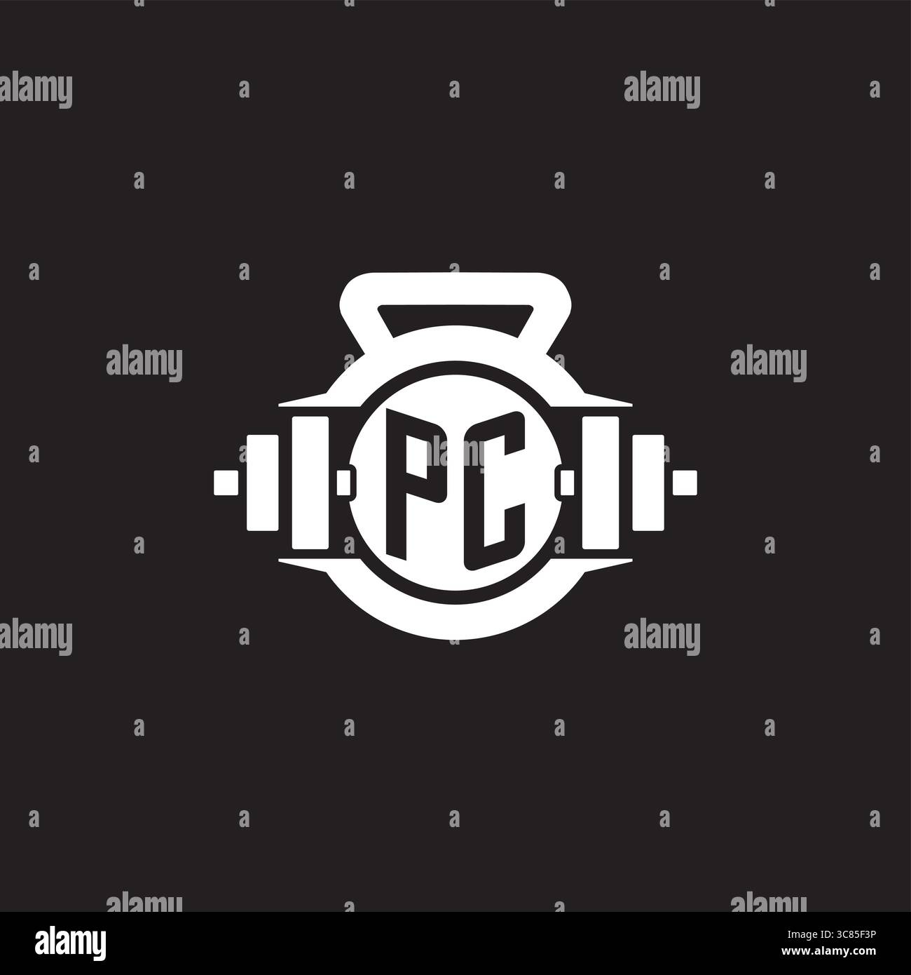 Idee iniziali per la progettazione del logo del PC con semplice grafica vettoriale con icona a forma di manubrio e kettlebell Illustrazione Vettoriale