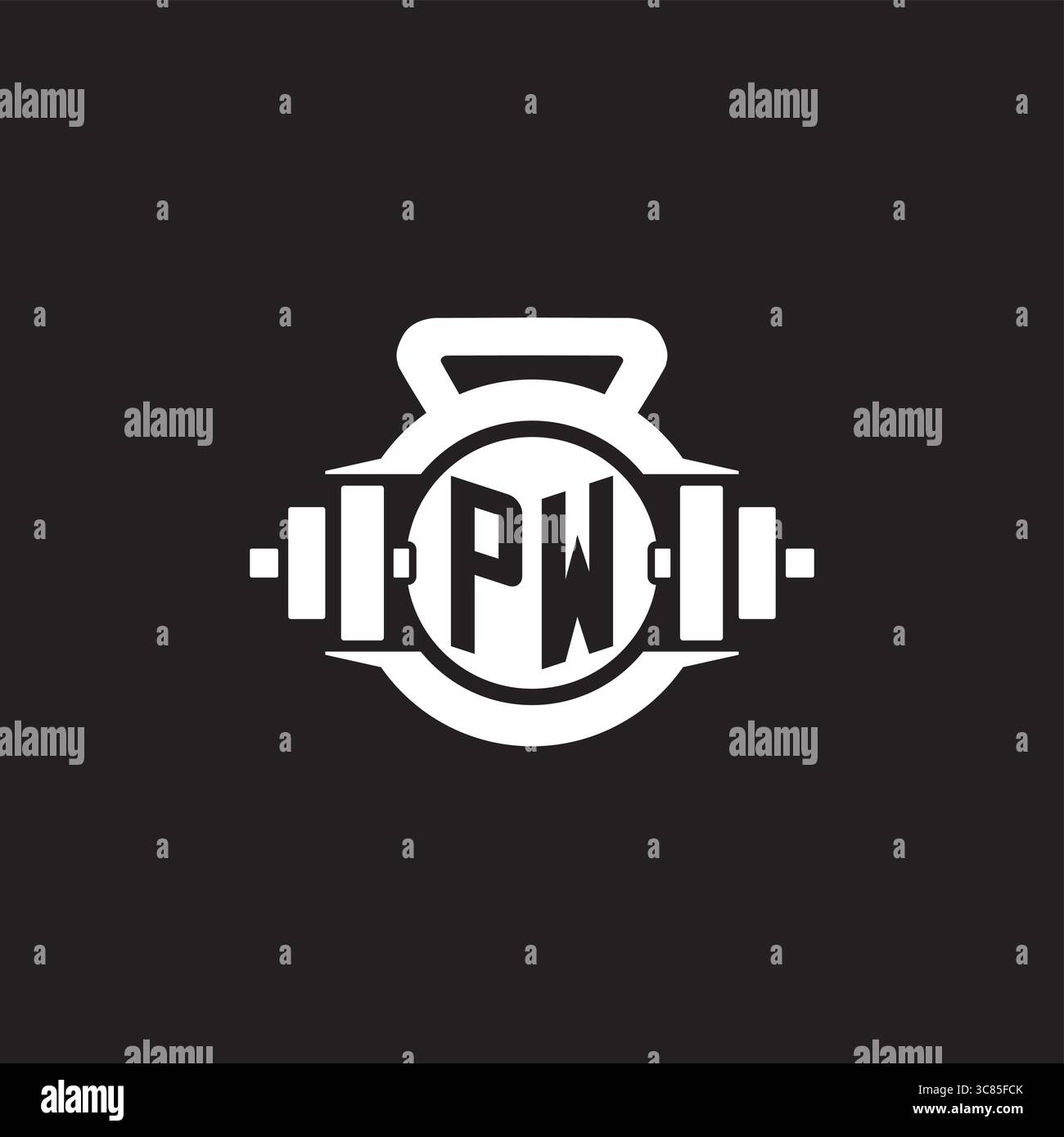 Idee iniziali per il design del logo PW con semplice grafica vettoriale con icona a forma di manubrio e kettlebell Illustrazione Vettoriale