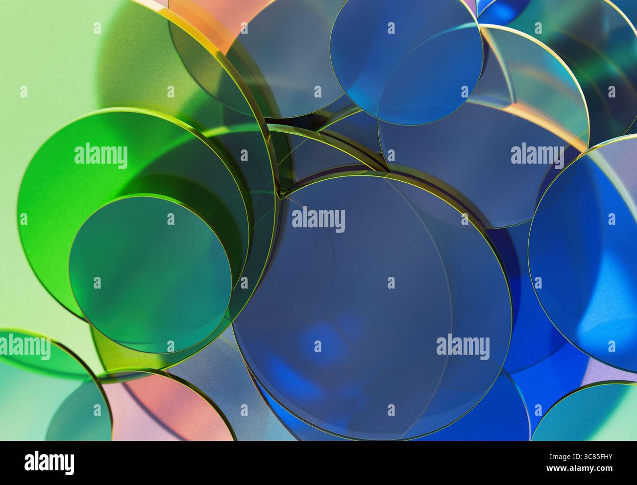 Rendering 3D di dischi in vetro verde e blu trasparenti sovrapposti per creare motivi astratti morbidi su uno sfondo chiaro Foto Stock
