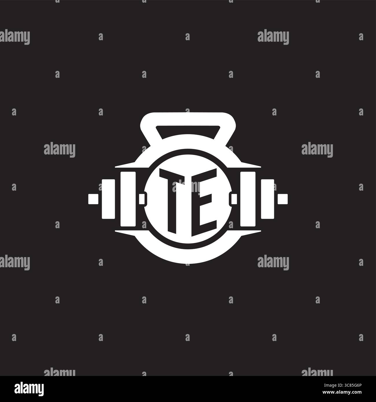 Idee iniziali per il design del logo te con semplice grafica vettoriale con icona a forma di manubrio e kettlebell Illustrazione Vettoriale