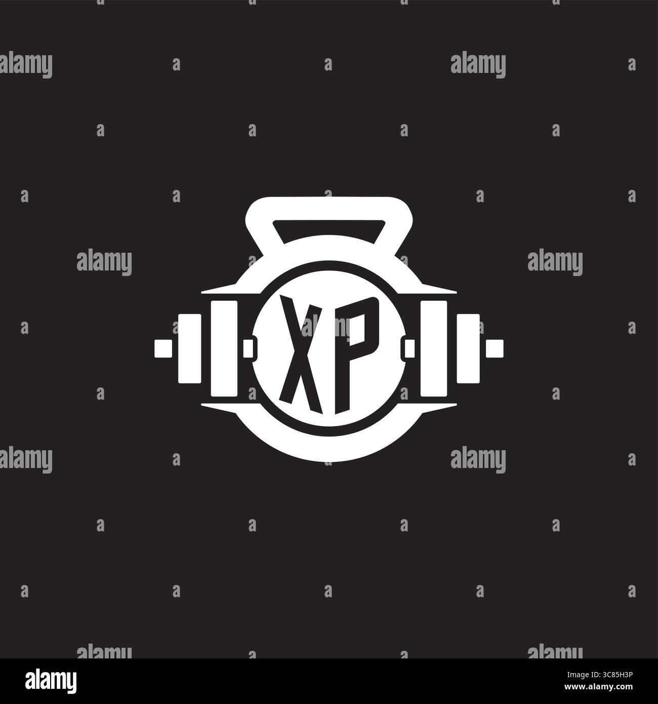 Idee iniziali per la progettazione del logo XP con semplice grafica vettoriale con icona a forma di manubrio e kettlebell Illustrazione Vettoriale