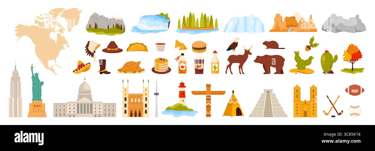 Una collezione di icone nordamericane che includono monumenti storici, fauna selvatica, elementi nativi, cibo in una colorata grafica vettoriale. Un tour visivo attraverso il continente. Illustrazione Vettoriale