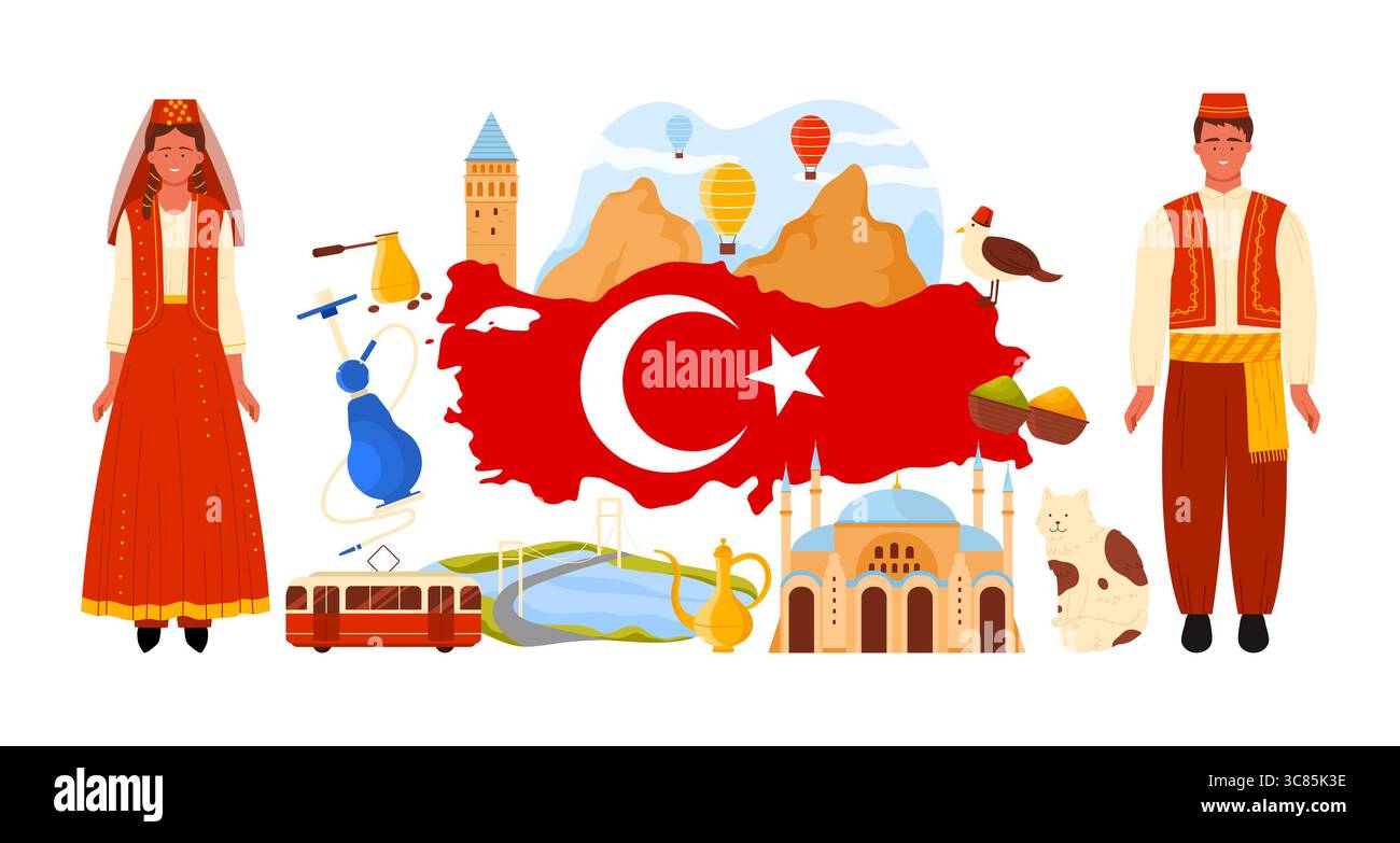 Viaggia verso la Turchia, gli elementi culturali e la famosa architettura per un tour turistico in collage infografico. Popolo turco, paesaggio della Cappadocia con rocce e palloncini, illustrazione vettoriale dei cartoni animati del tram Illustrazione Vettoriale