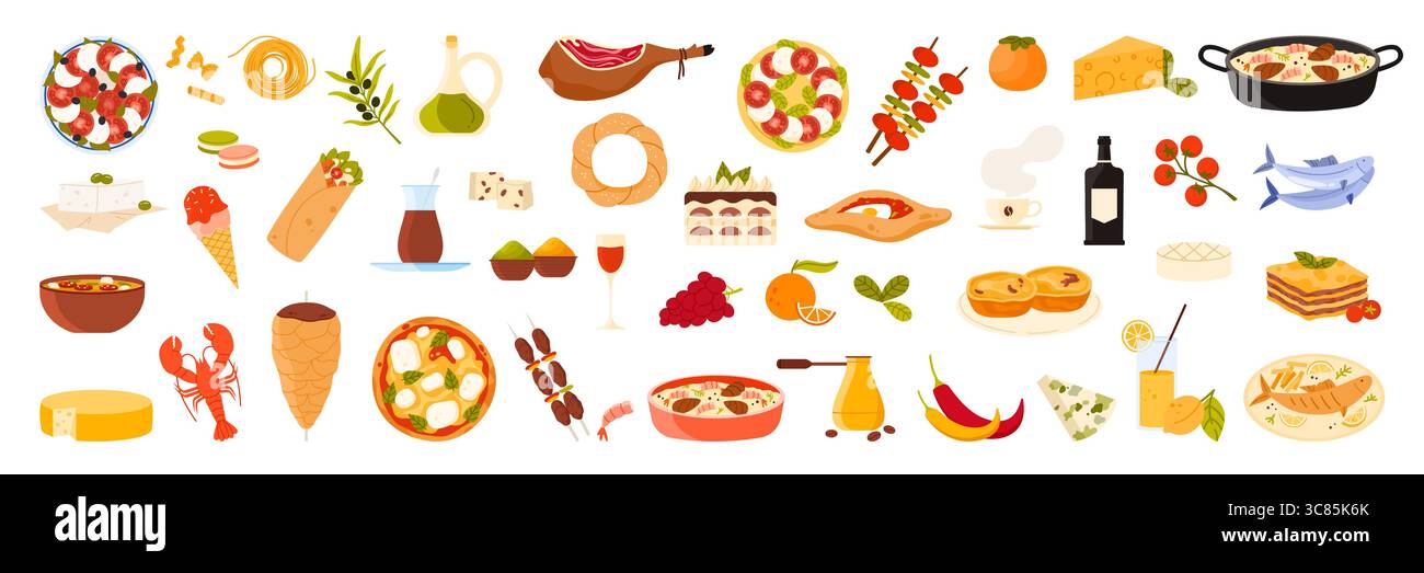 Cibo e bevande dell'Europa meridionale. Olio d'oliva italiano e Prosciutto di Parma, Feta greca e Gyros, Souvlaki e Portogallo pastel de nata, Paella spagnola illustrazione vettoriale Illustrazione Vettoriale