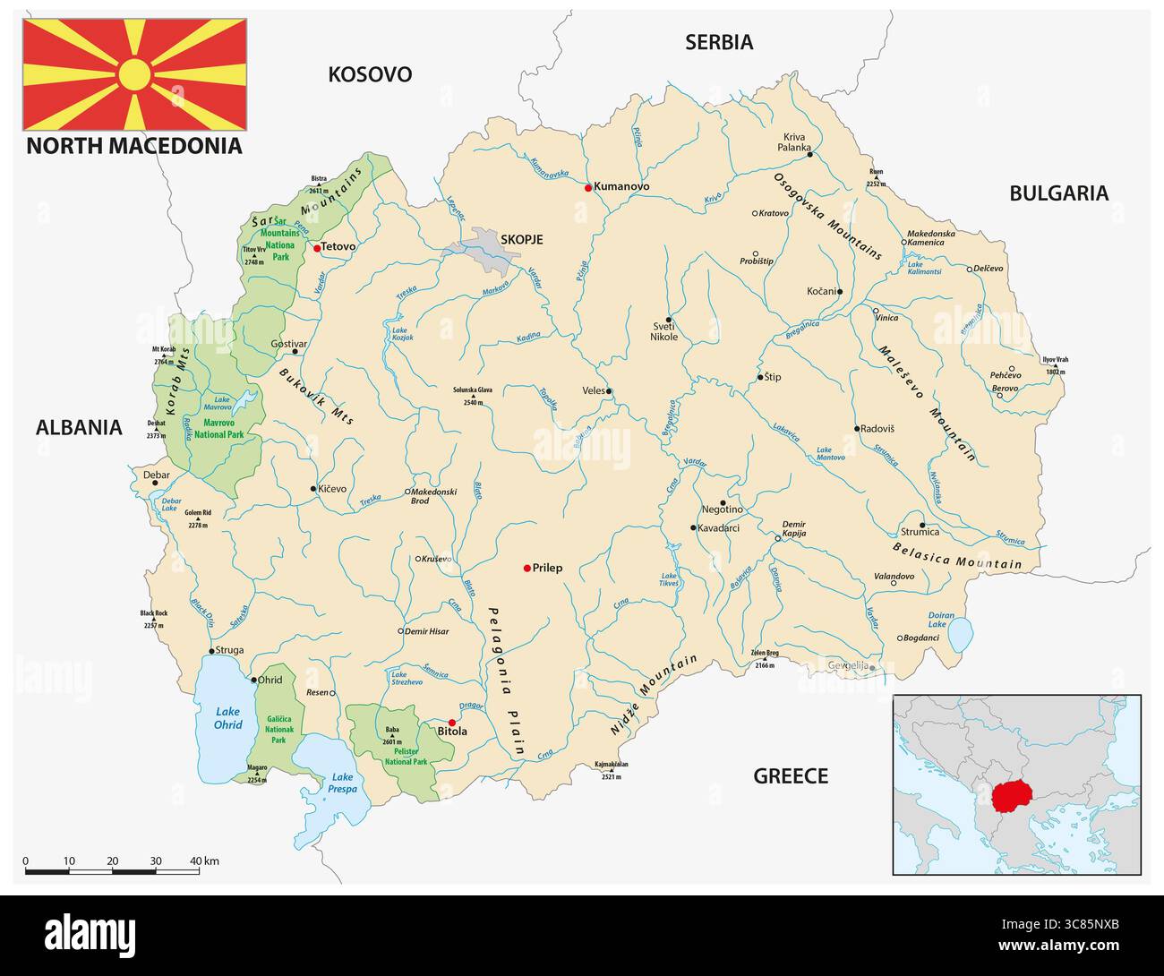 Mappa dello stato dell'Europa sudorientale della Macedonia del Nord Foto Stock