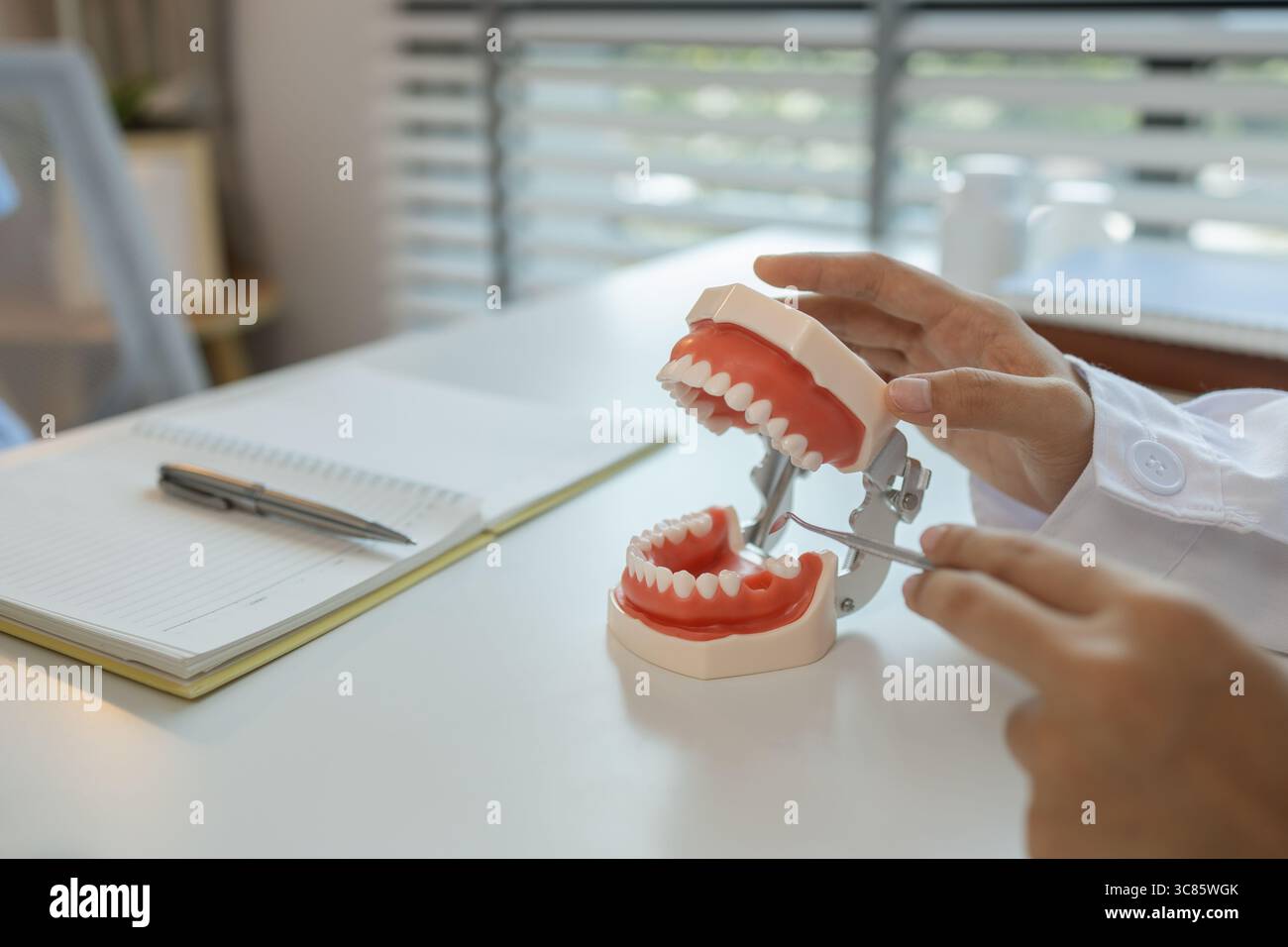 il dentista sta sta spiegando all'assistente come tratterà un paziente con saggezza dei denti, i due dentisti hanno discusso il piano di trattamento per la paziente Foto Stock