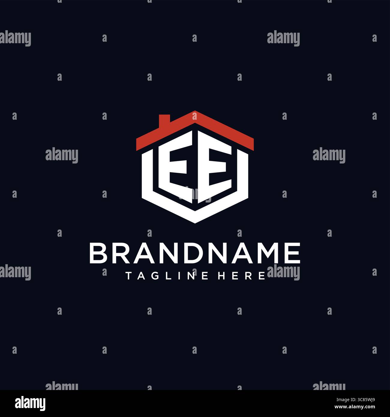 Lettera iniziale logo EE con forma esagonale del tetto per la casa idee di design grafica vettoriale Illustrazione Vettoriale