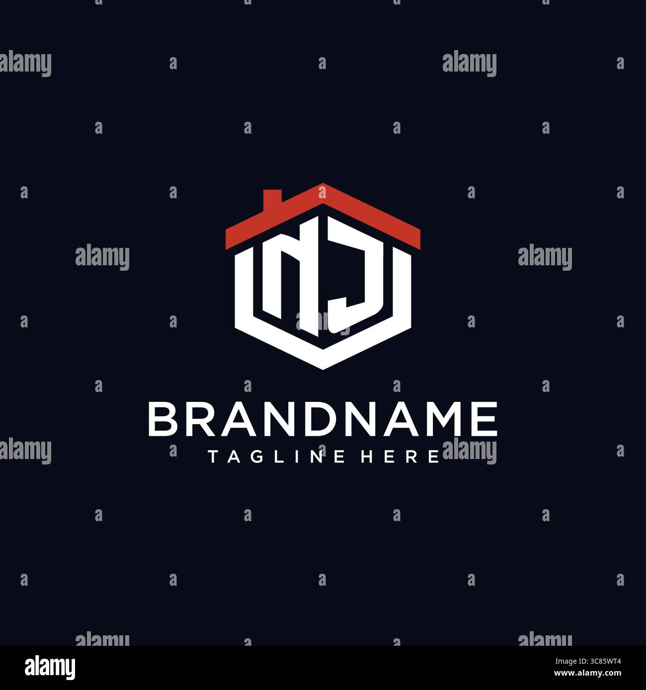 Lettera iniziale logo NJ con forma esagonale del tetto per la casa idee di design grafica vettoriale Illustrazione Vettoriale