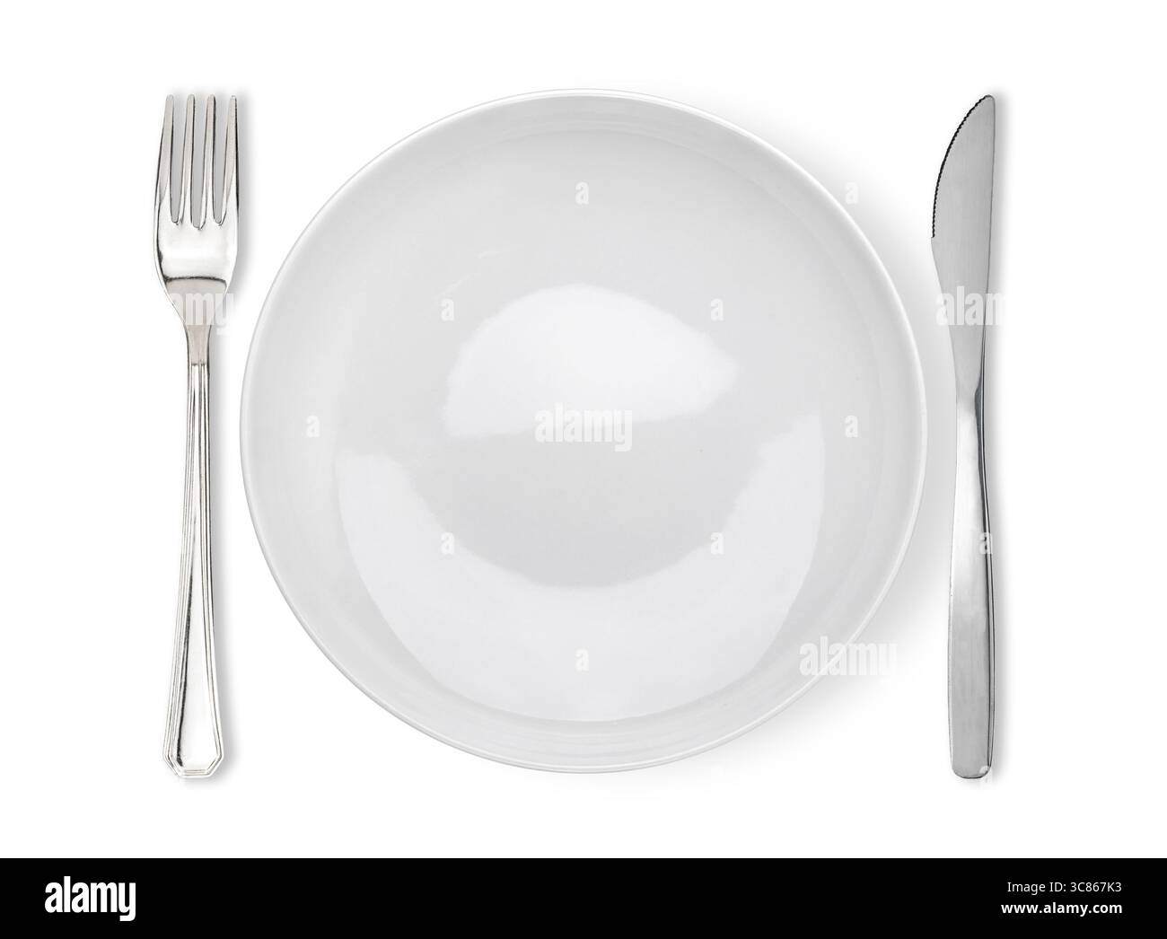 Etichetta Dining Cutlery: Per iniziare a mangiare. Segnali di forchetta e coltello con posizione del set di posate isolato su bianco con percorso di ritaglio incluso Foto Stock